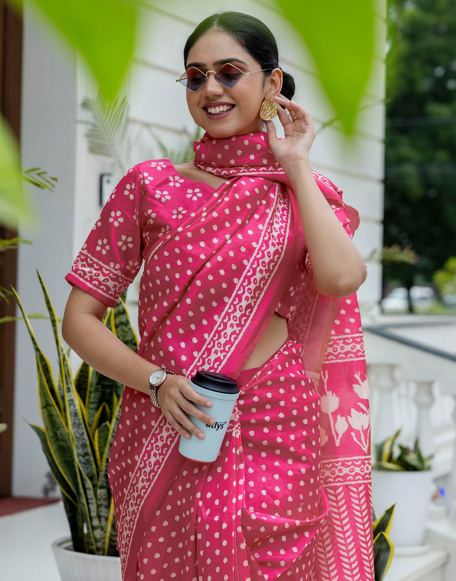 Ready To Wear Pink Silk Printed Saree - Image 4