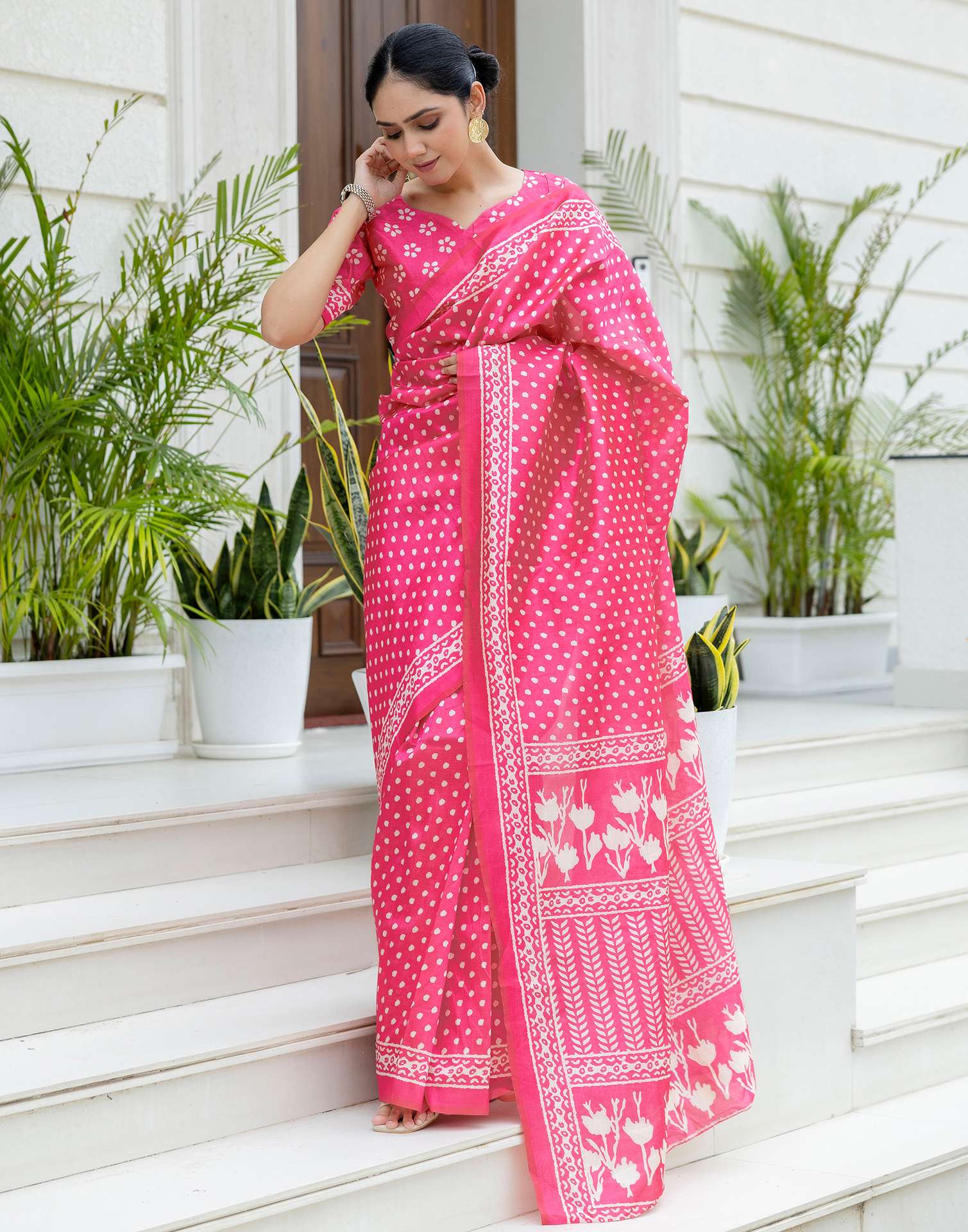 Ready To Wear Pink Silk Printed Saree - Image 7