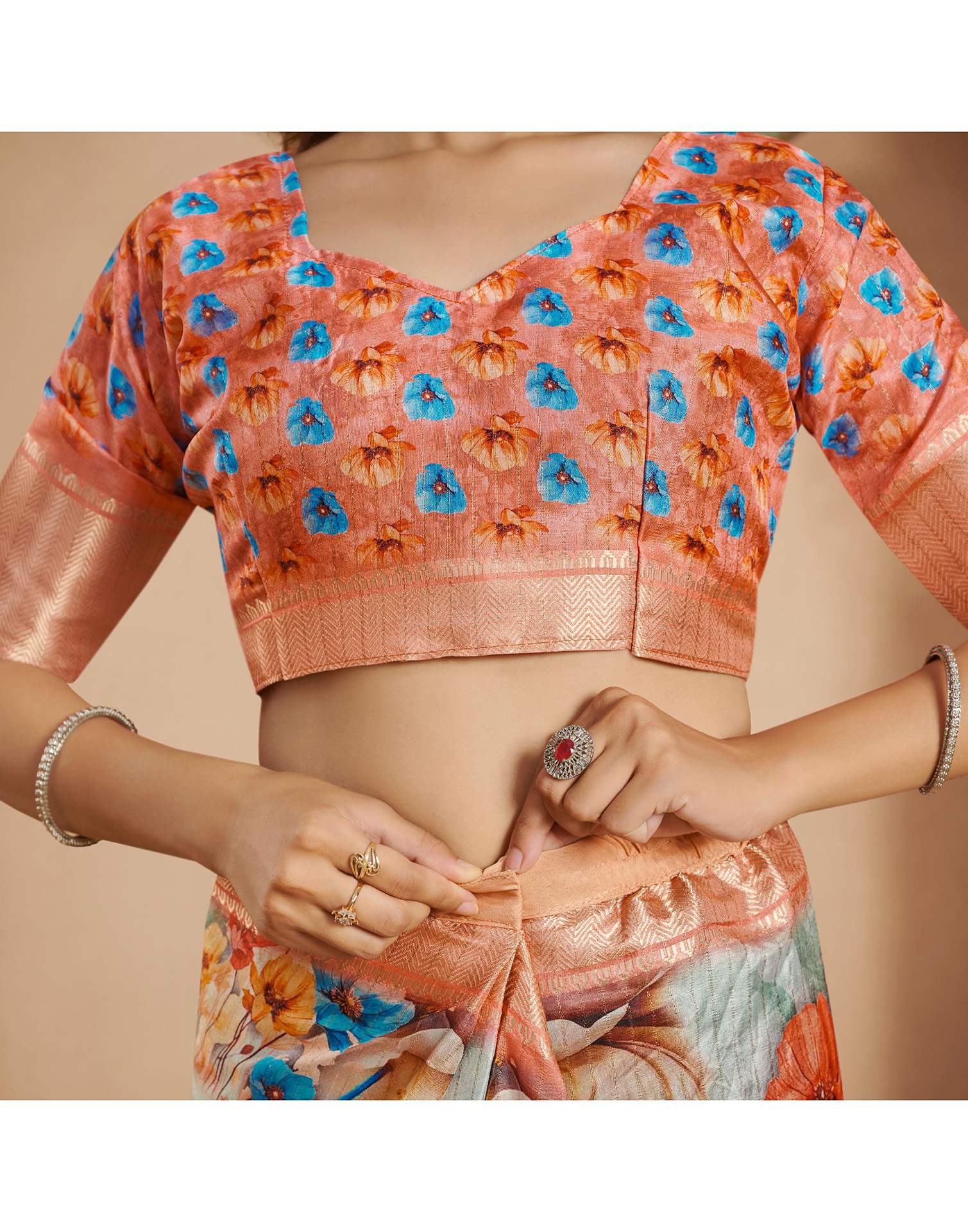 Ready To Wear Multicoloured Dola Silk Printed Saree - Image 2