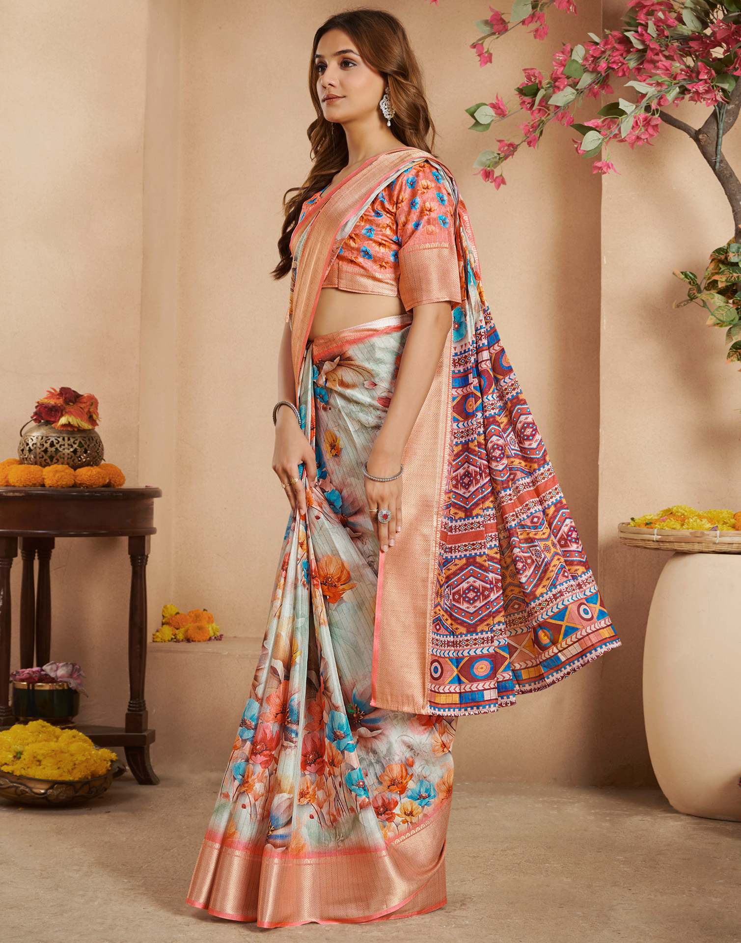 Ready To Wear Multicoloured Dola Silk Printed Saree - Image 6