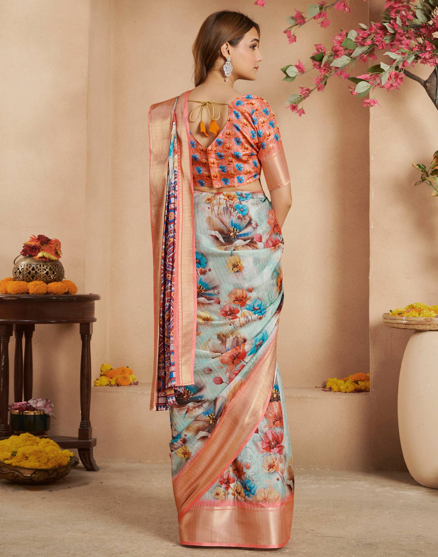 Ready To Wear Multicoloured Dola Silk Printed Saree - Image 8