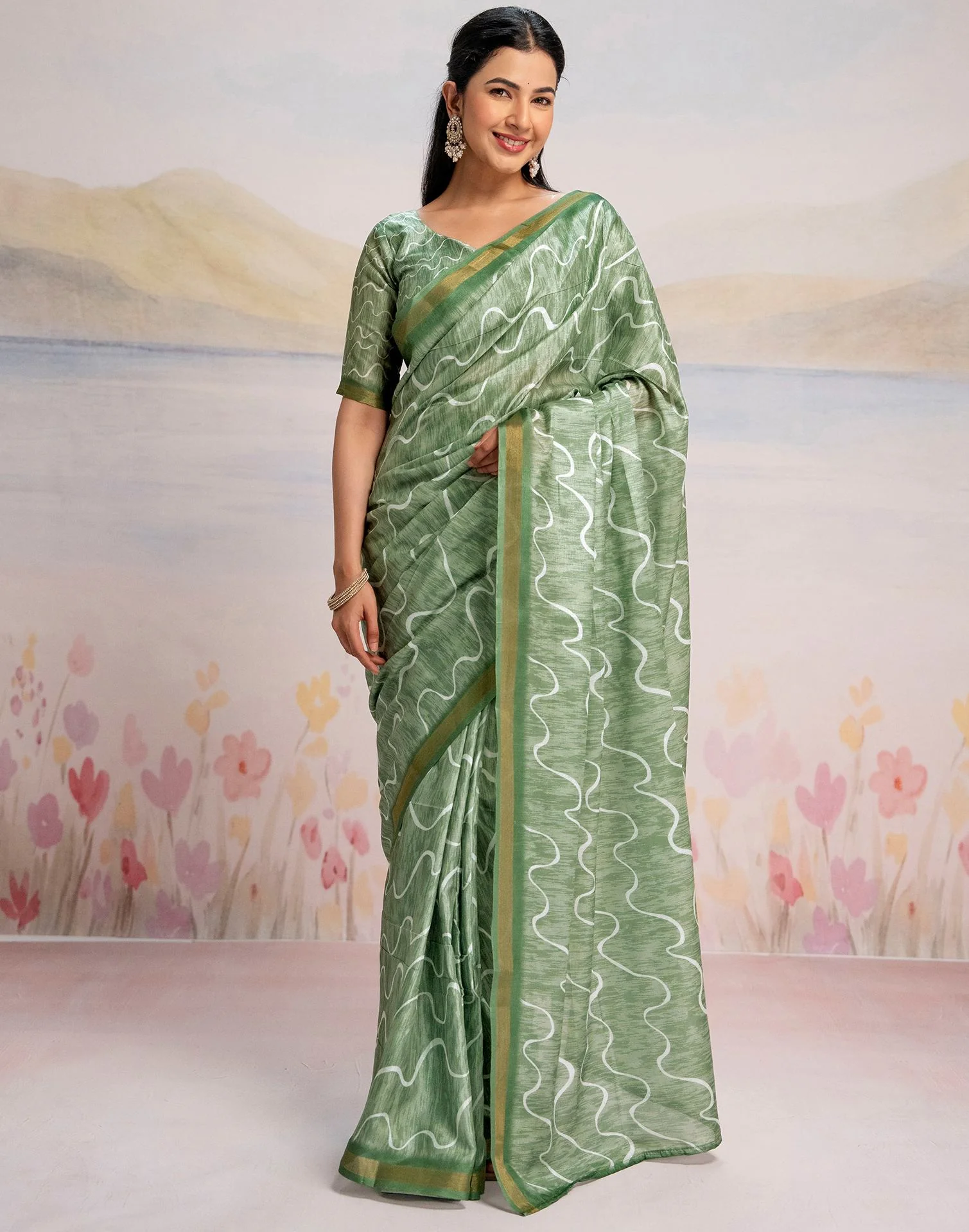 Ready To Wear Pista Green Silk Printed Saree - Image 4