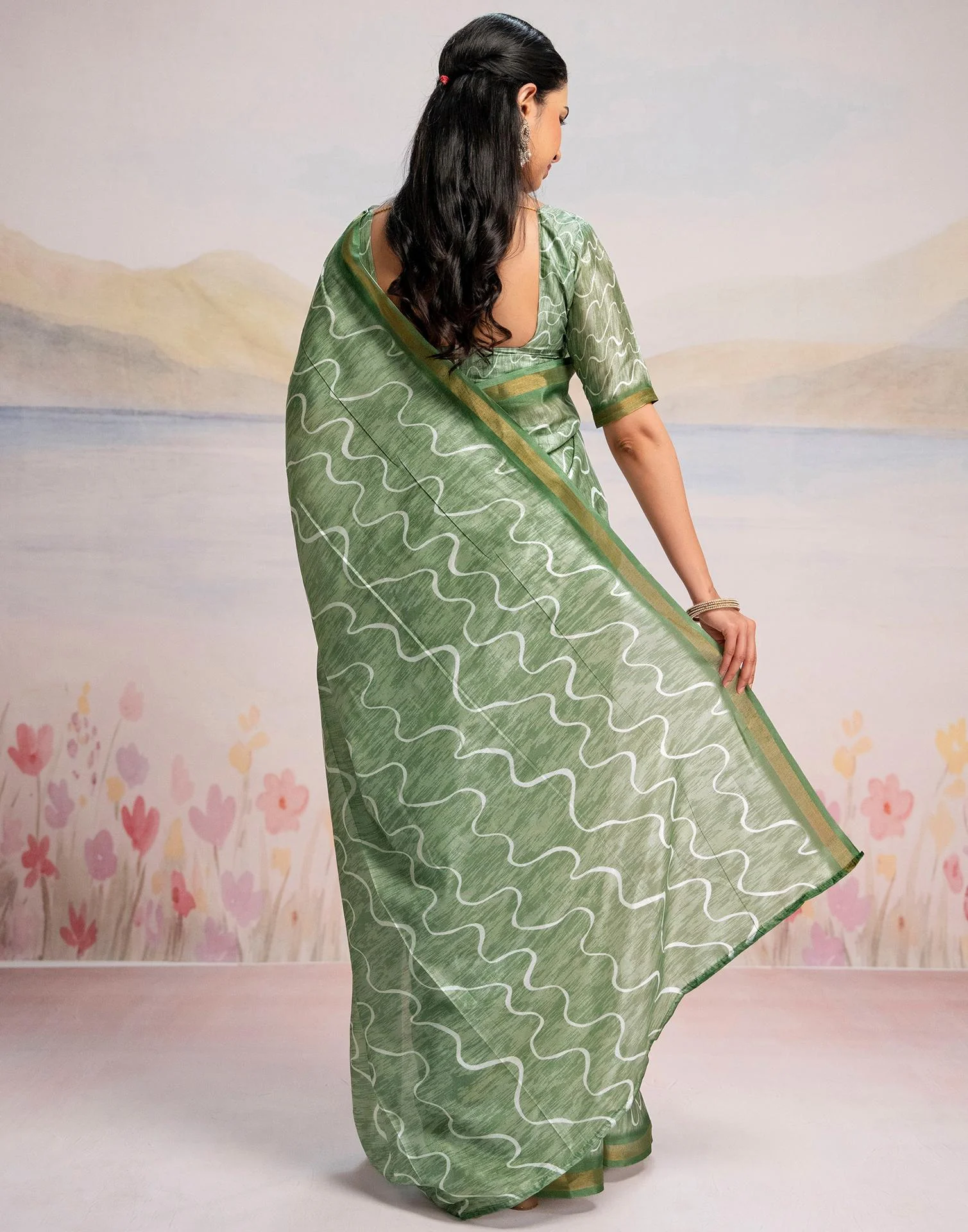 Ready To Wear Pista Green Silk Printed Saree - Image 7
