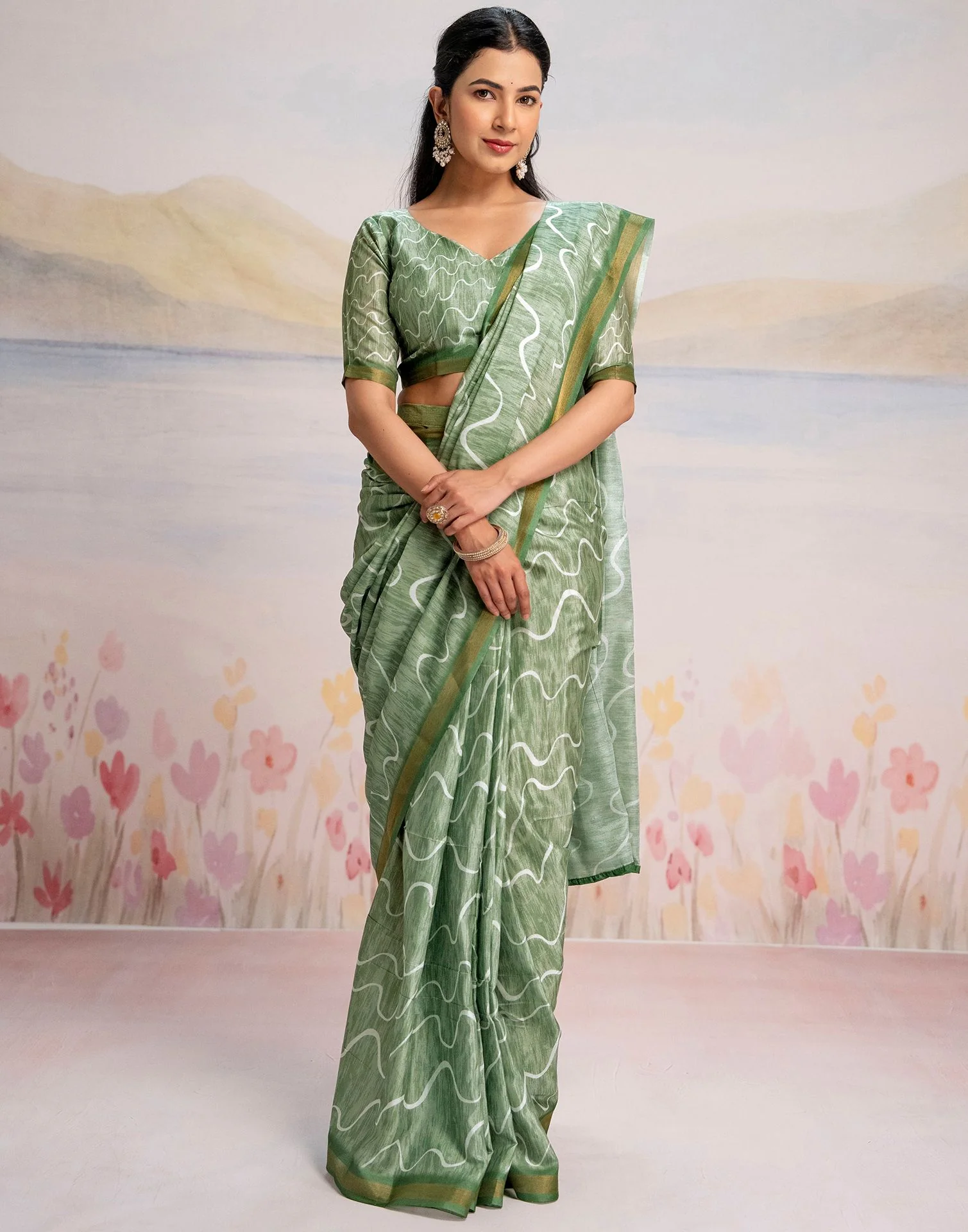Ready To Wear Pista Green Silk Printed Saree - Image 8