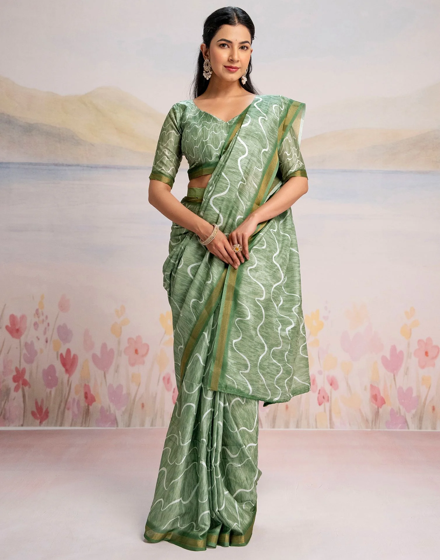 Ready To Wear Pista Green Silk Printed Saree - Image 9