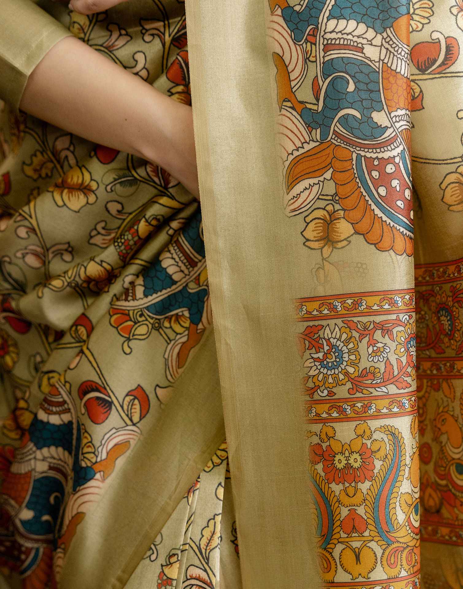Ready To Wear Pista Green Silk Printed Saree - Image 11