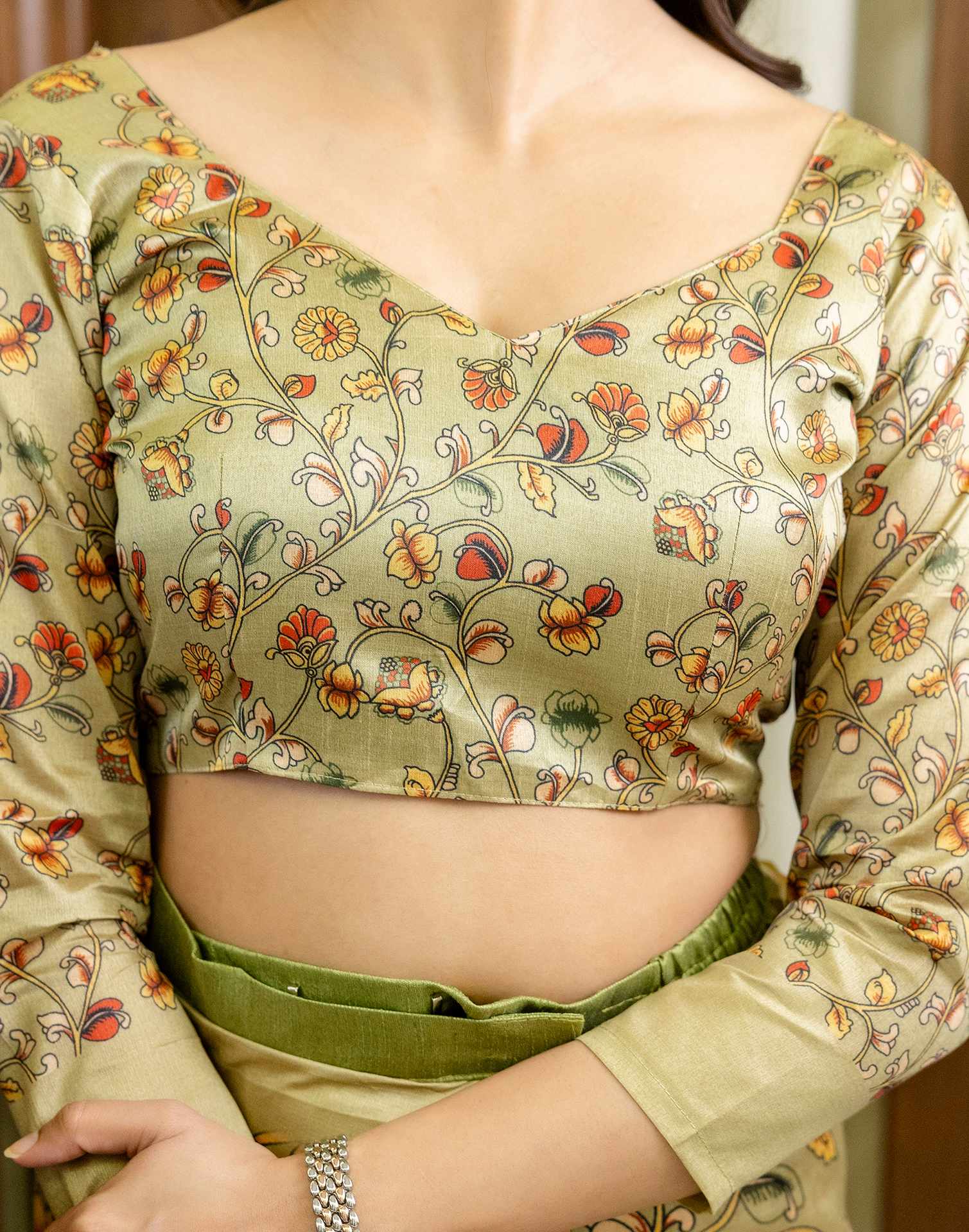 Ready To Wear Pista Green Silk Printed Saree - Image 12