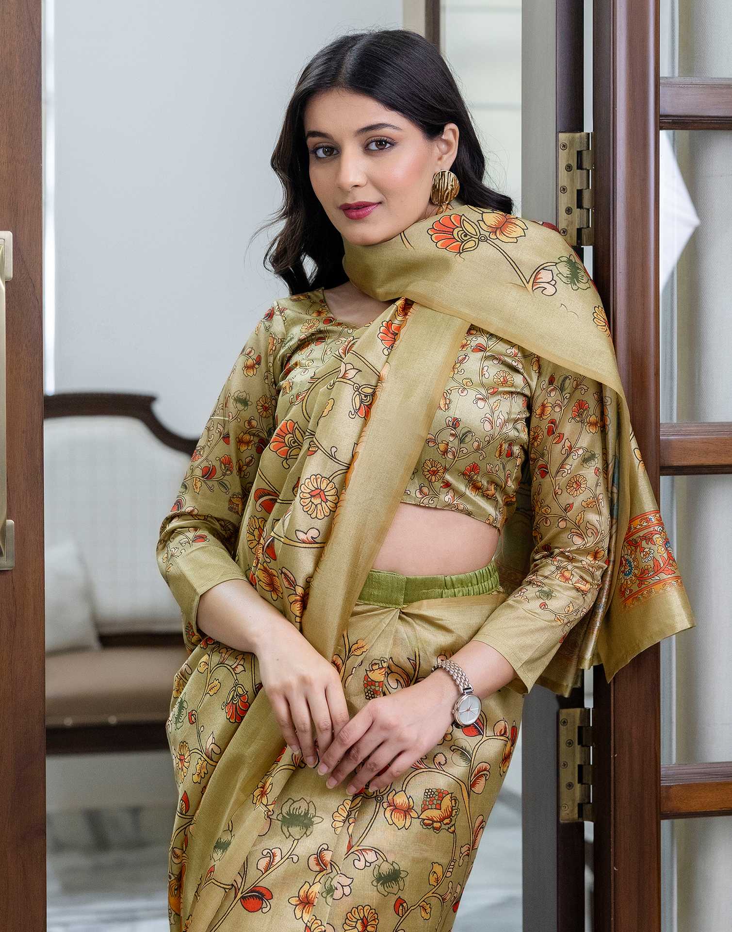 Ready To Wear Pista Green Silk Printed Saree - Image 2