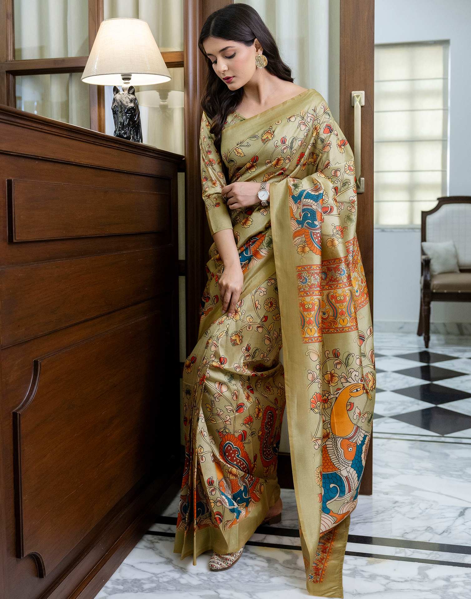 Ready To Wear Pista Green Silk Printed Saree - Image 5