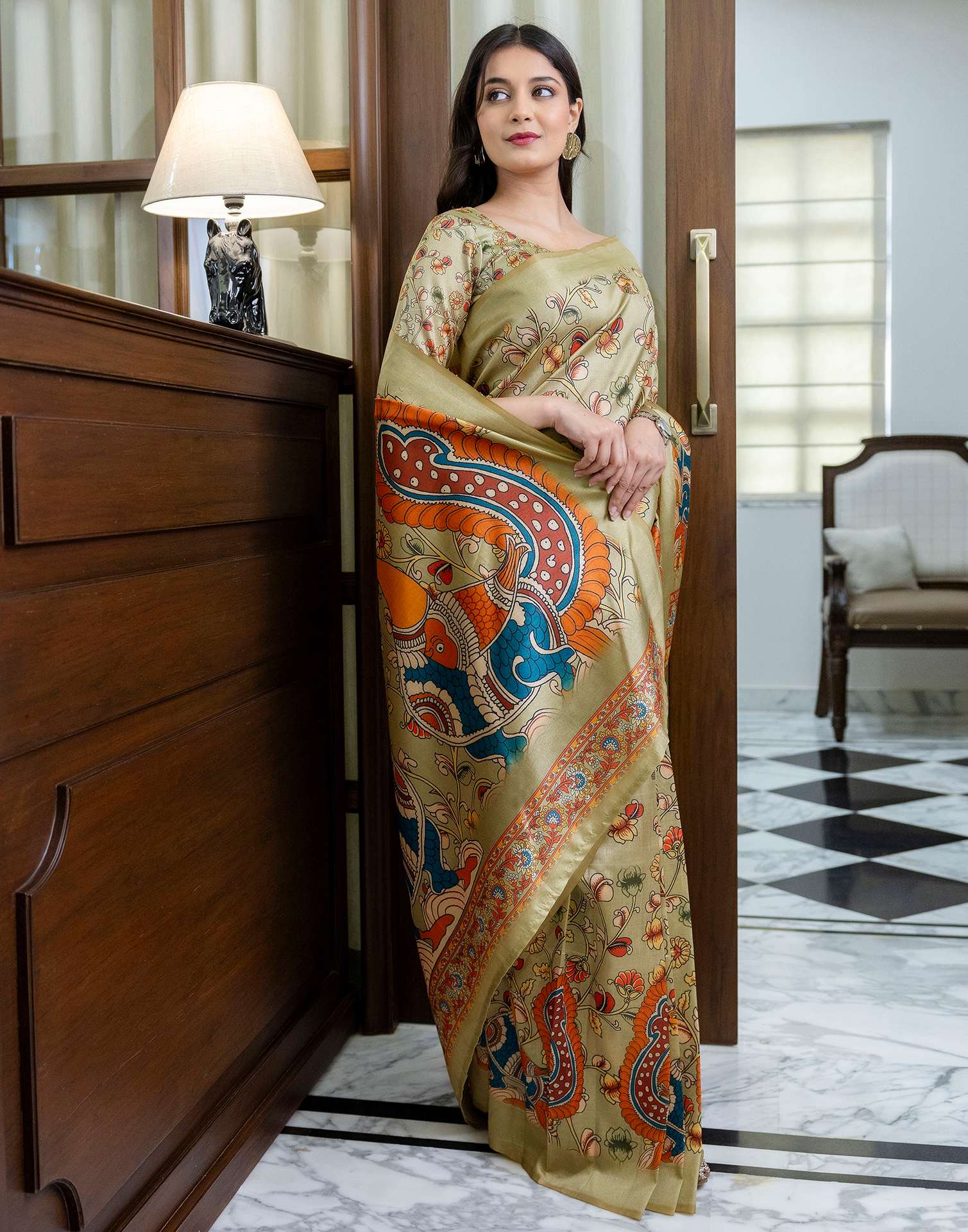 Ready To Wear Pista Green Silk Printed Saree - Image 8