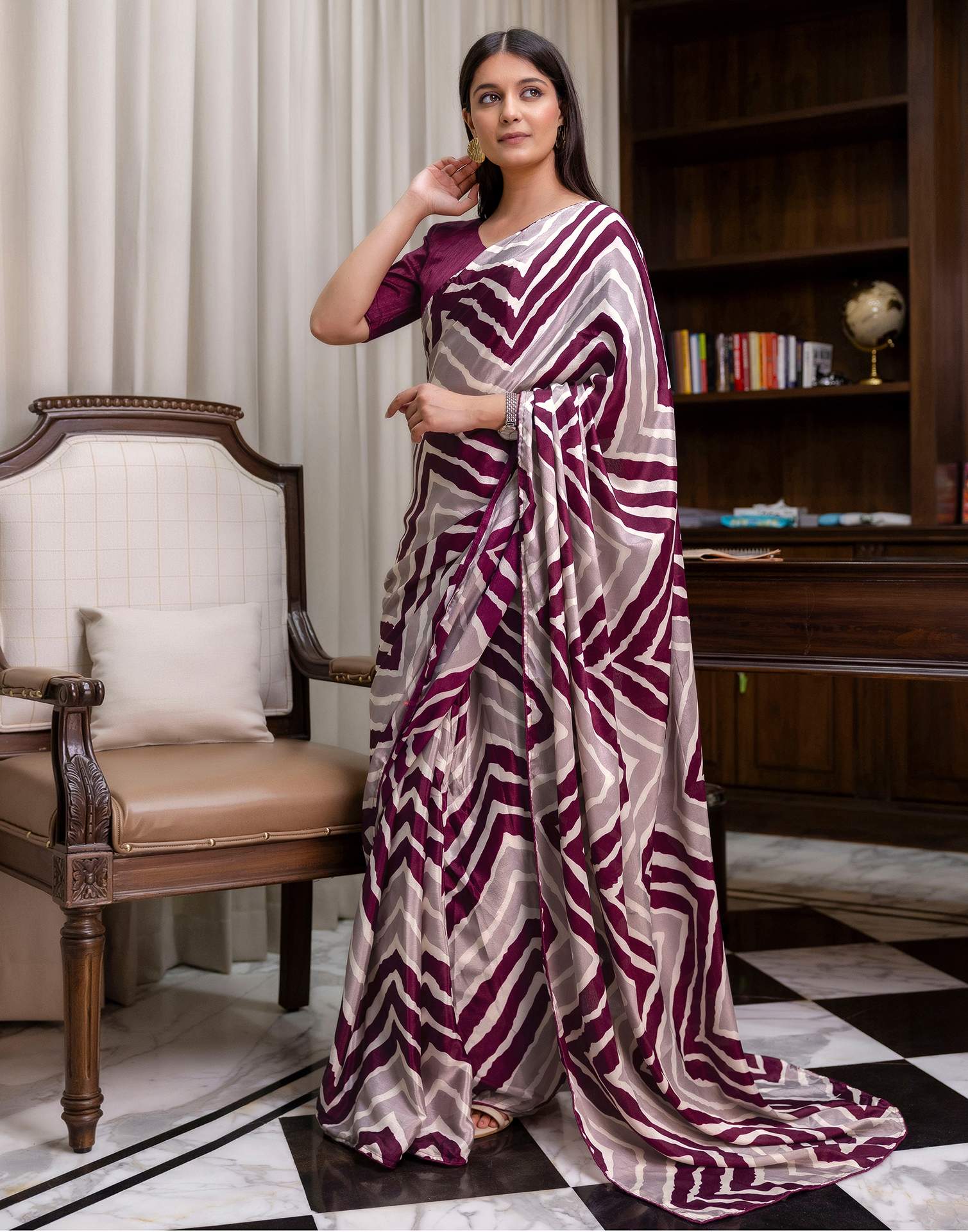Ready To Wear Purple Chinnon Printed Saree - Image 5