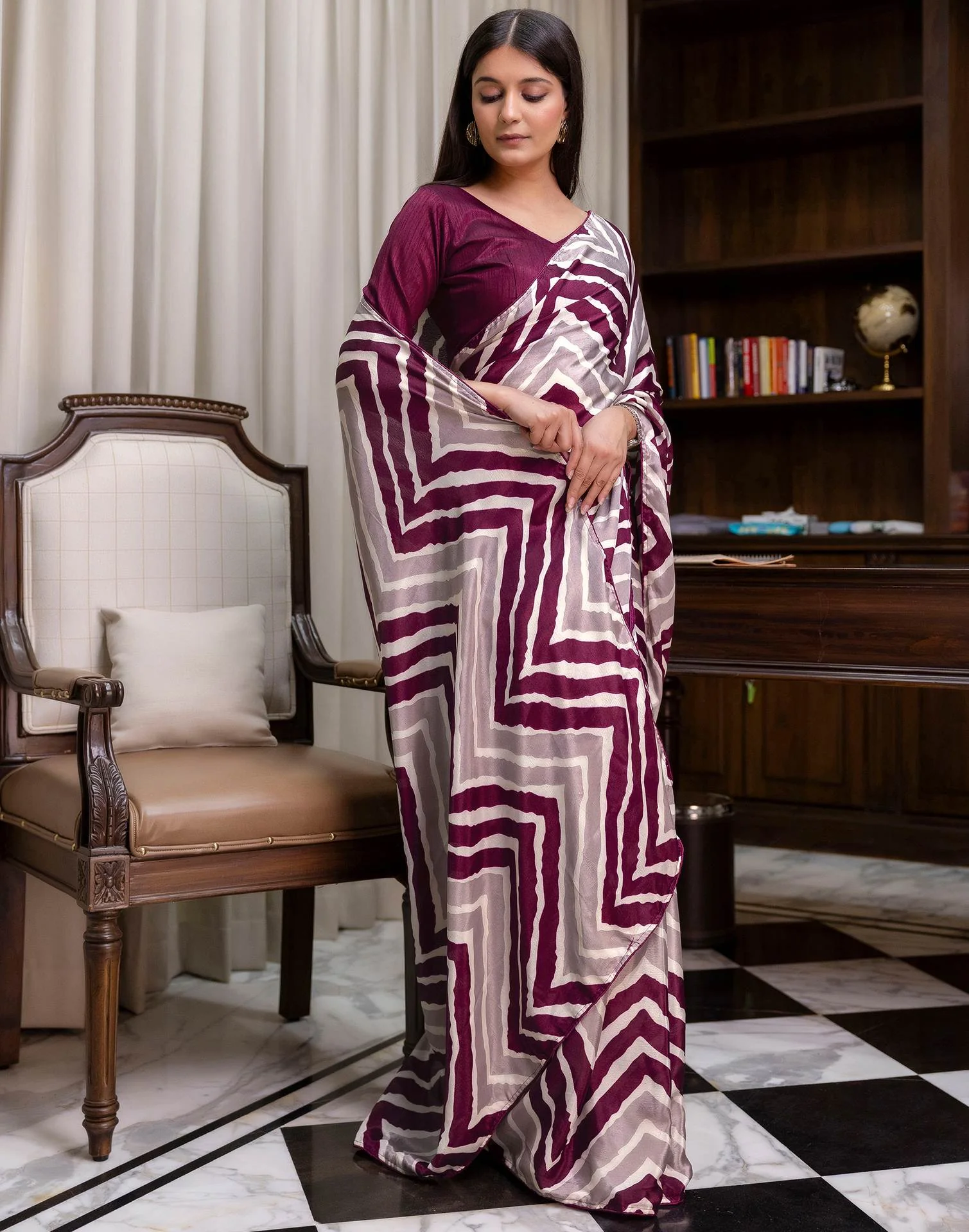 Ready To Wear Purple Chinnon Printed Saree - Image 6