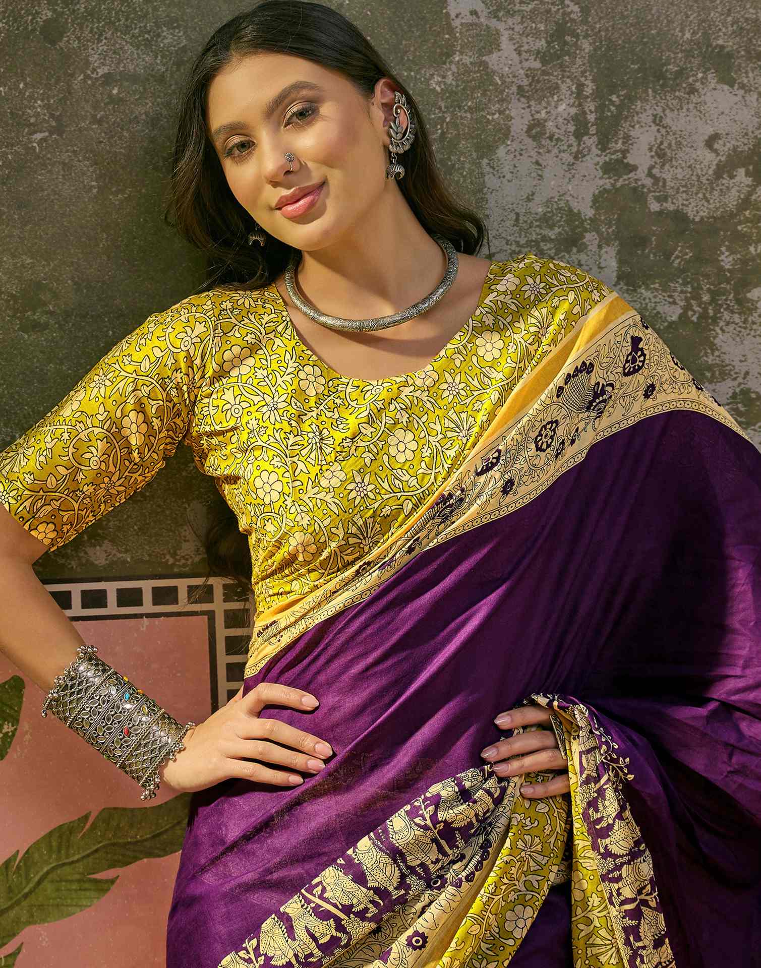 Ready To Wear Purple Cotton Printed Saree - Image 3
