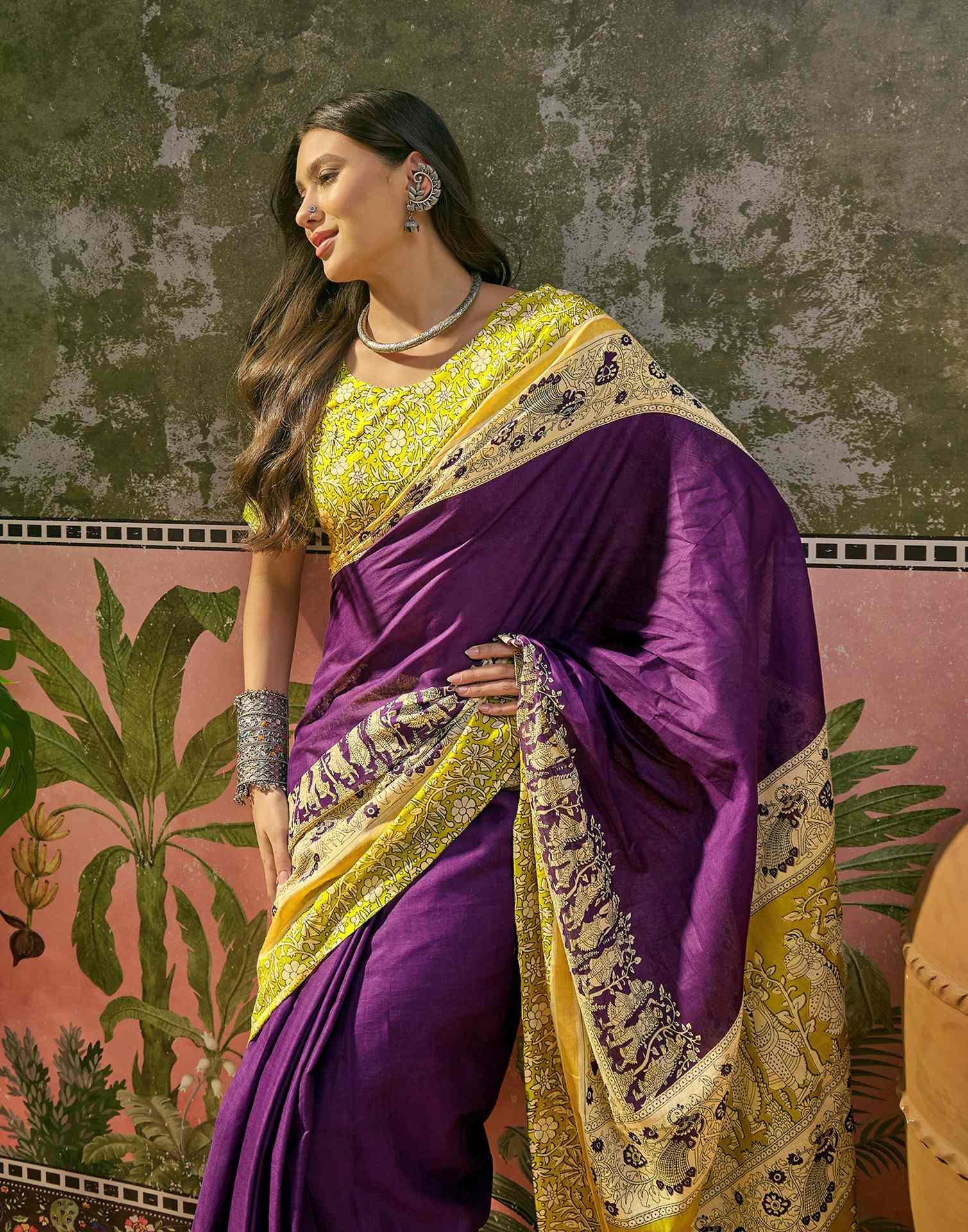 Ready To Wear Purple Cotton Printed Saree - Image 5