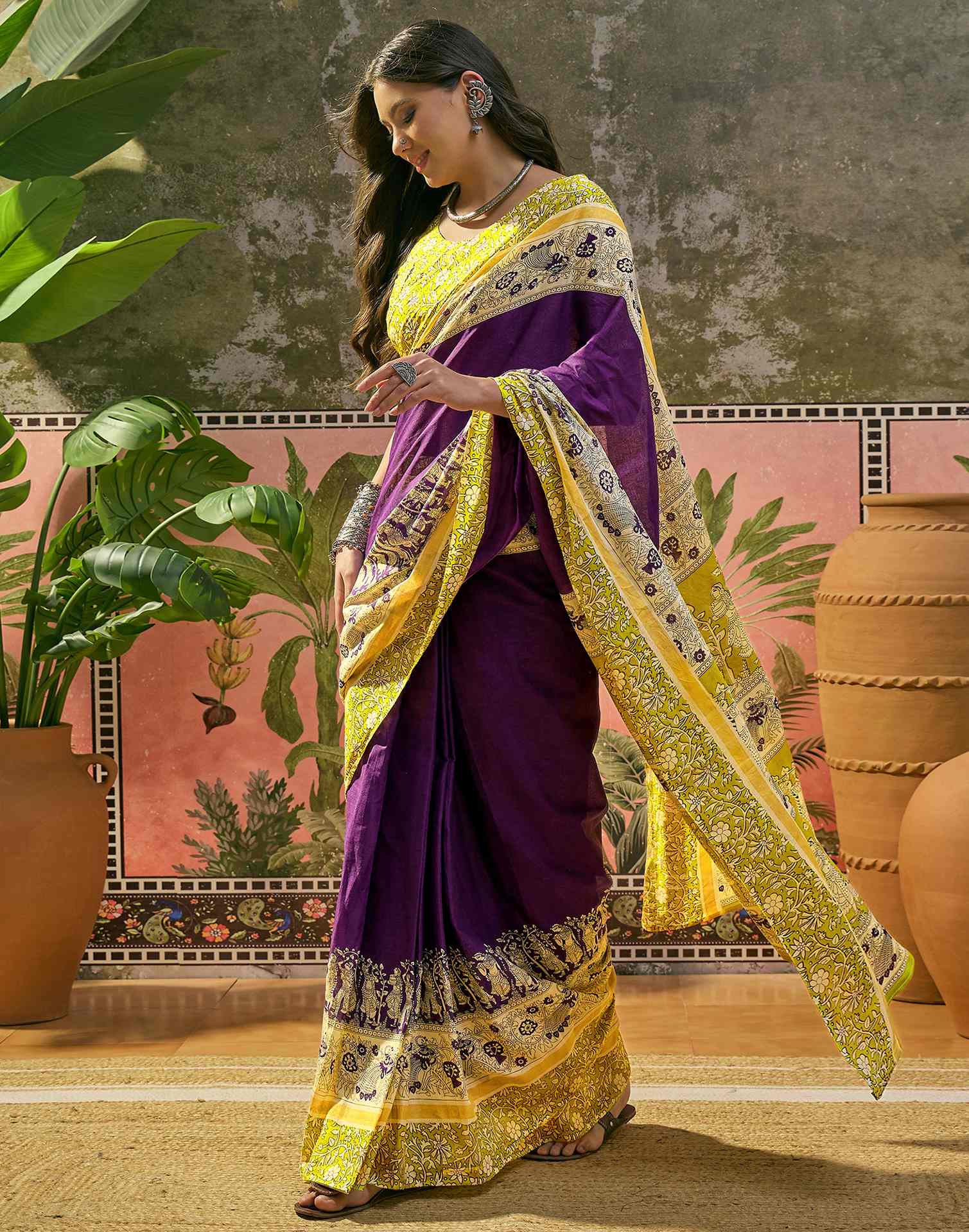 Ready To Wear Purple Cotton Printed Saree - Image 6