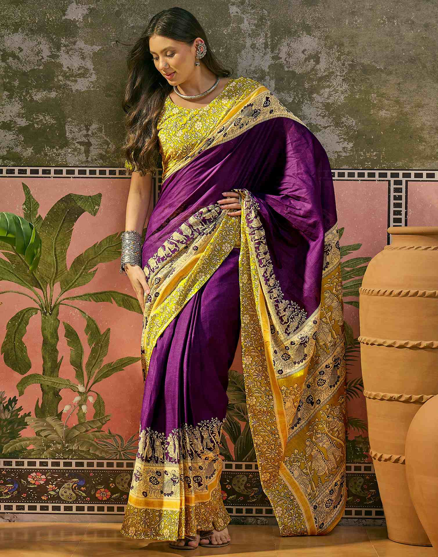 Ready To Wear Purple Cotton Printed Saree - Image 7