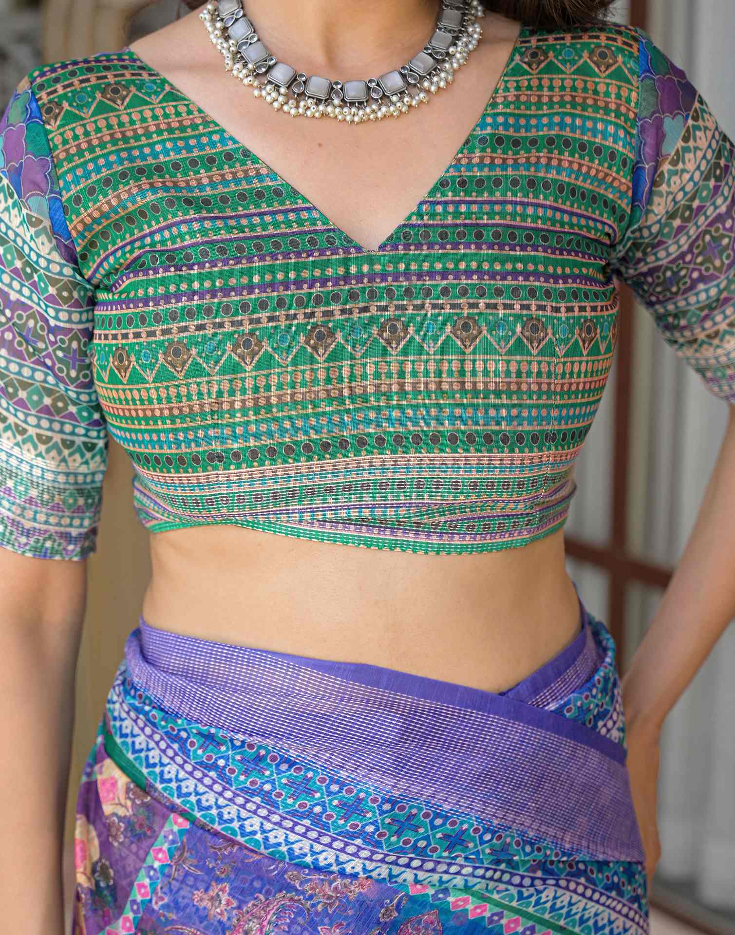 Ready To Wear Purple Linen Printed Embroidery Border Saree - Image 10