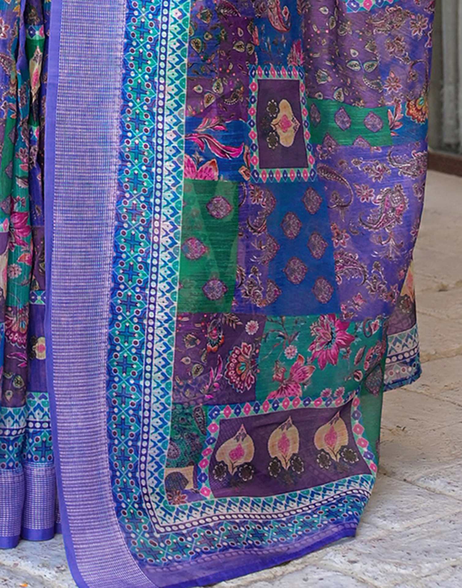 Ready To Wear Purple Linen Printed Embroidery Border Saree - Image 11