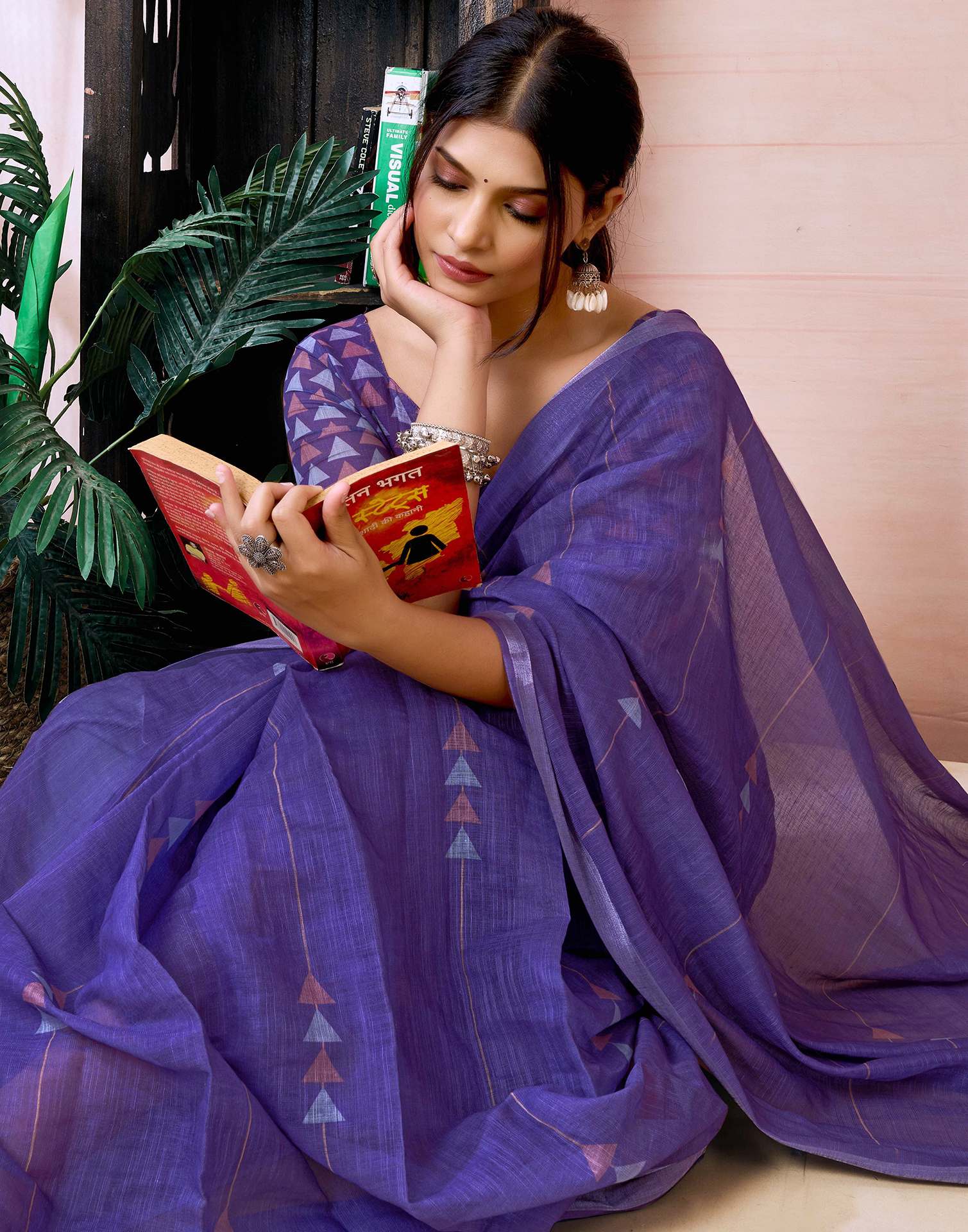 Ready to Wear Purple Linen Printed Saree - Image 4