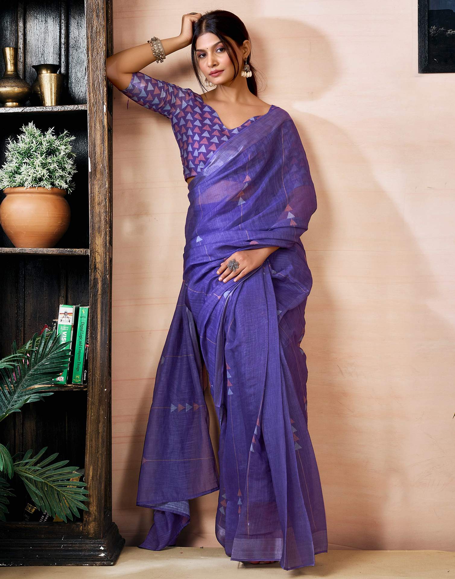 Ready to Wear Purple Linen Printed Saree - Image 7