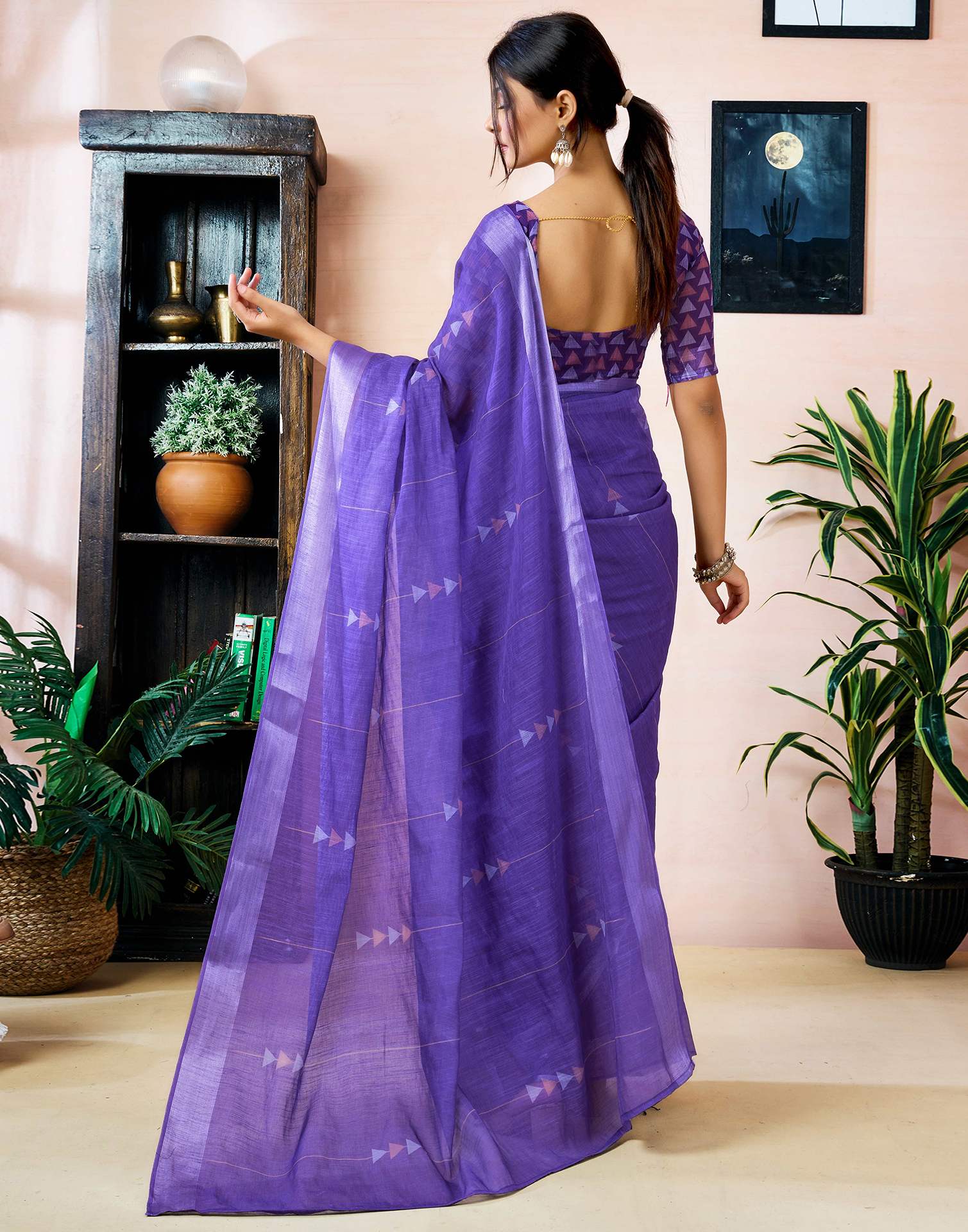 Ready to Wear Purple Linen Printed Saree - Image 8