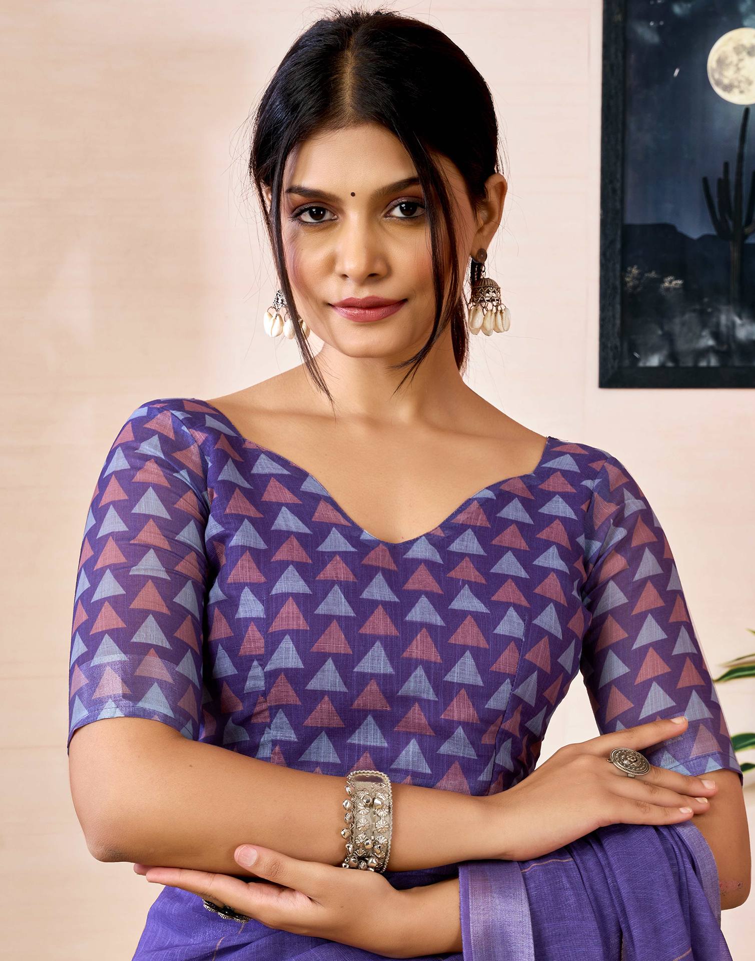 Ready to Wear Purple Linen Printed Saree - Image 9