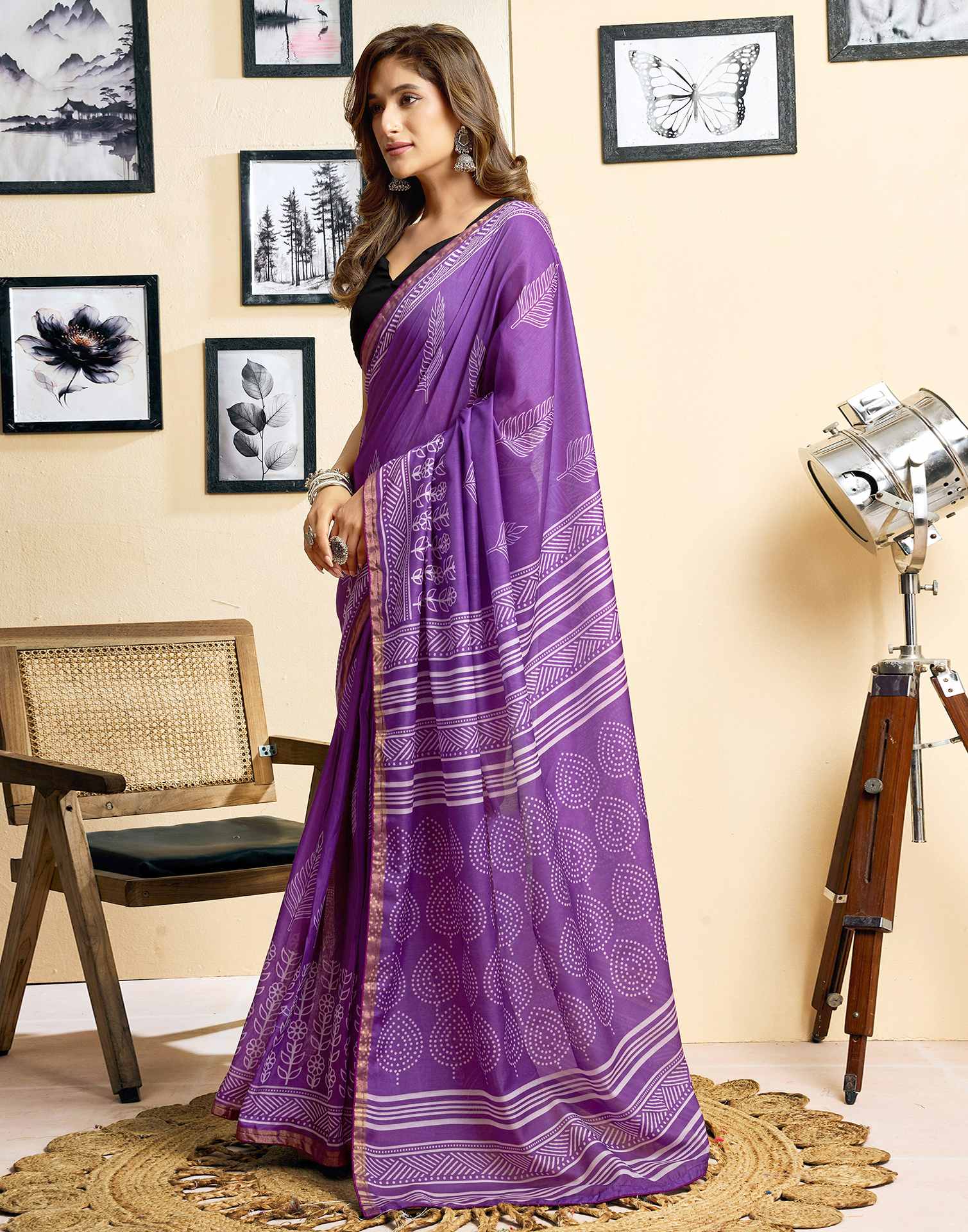 Ready To Wear Purple Linen Printed Saree - Image 6