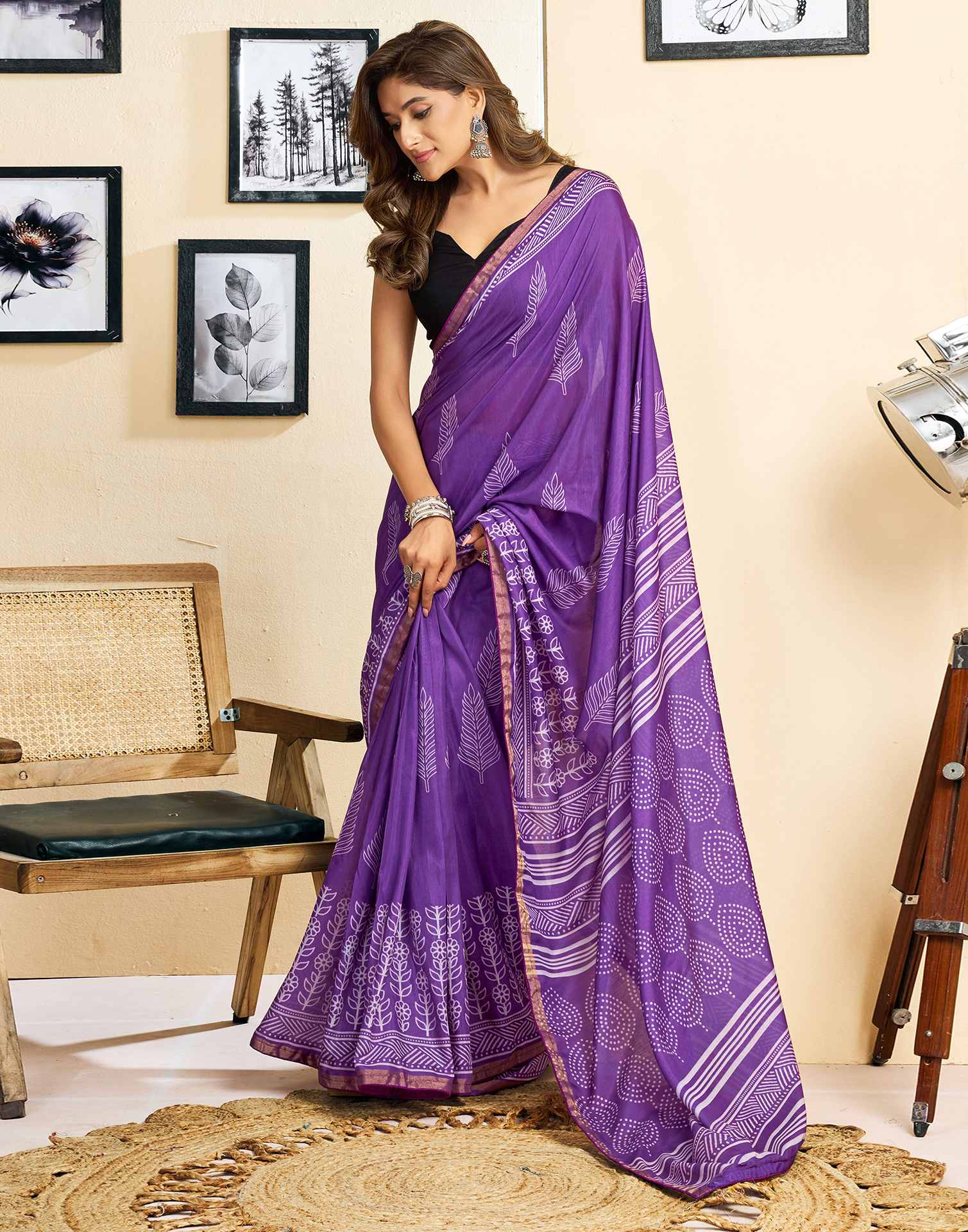 Ready To Wear Purple Linen Printed Saree - Image 7
