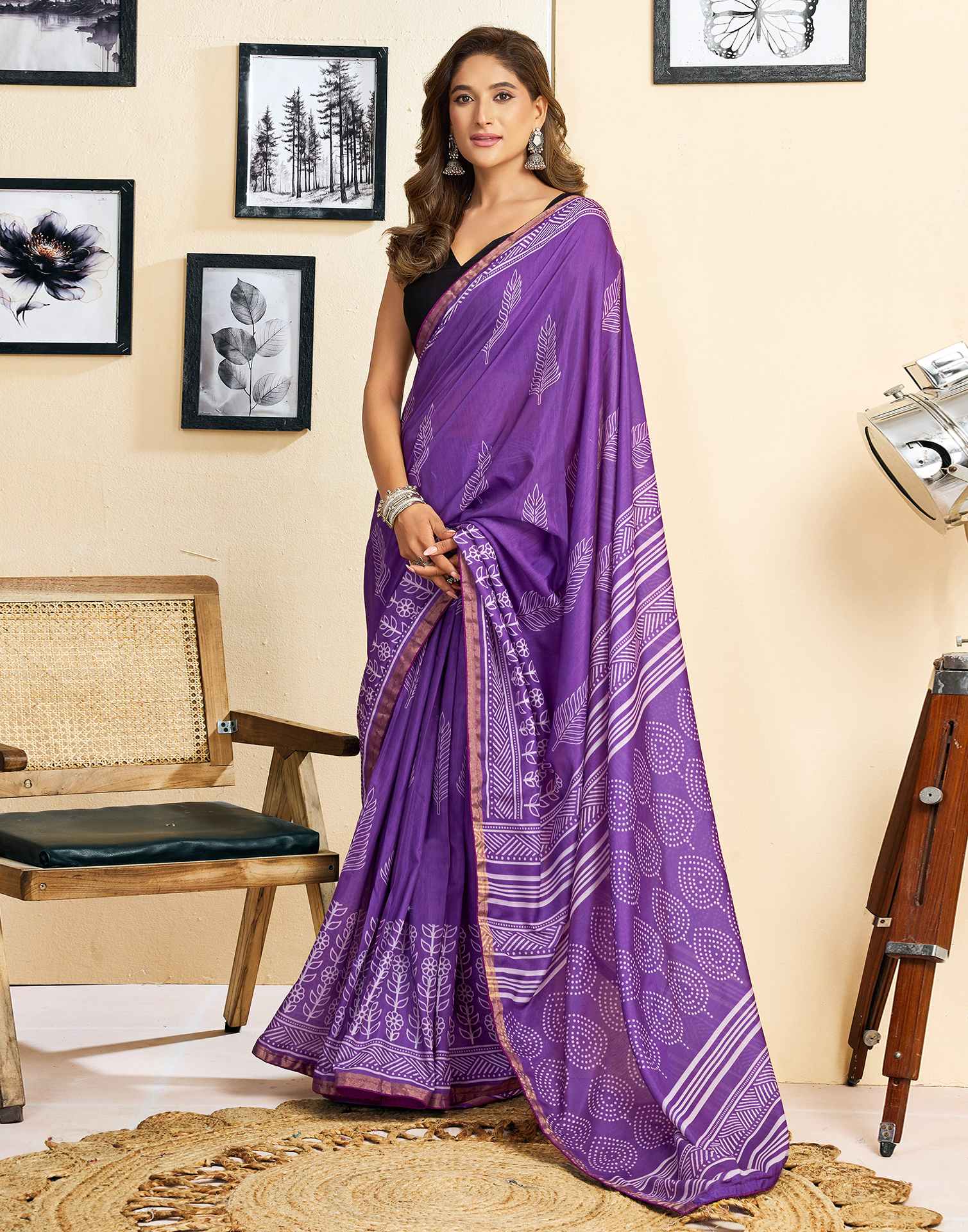 Ready To Wear Purple Linen Printed Saree - Image 9