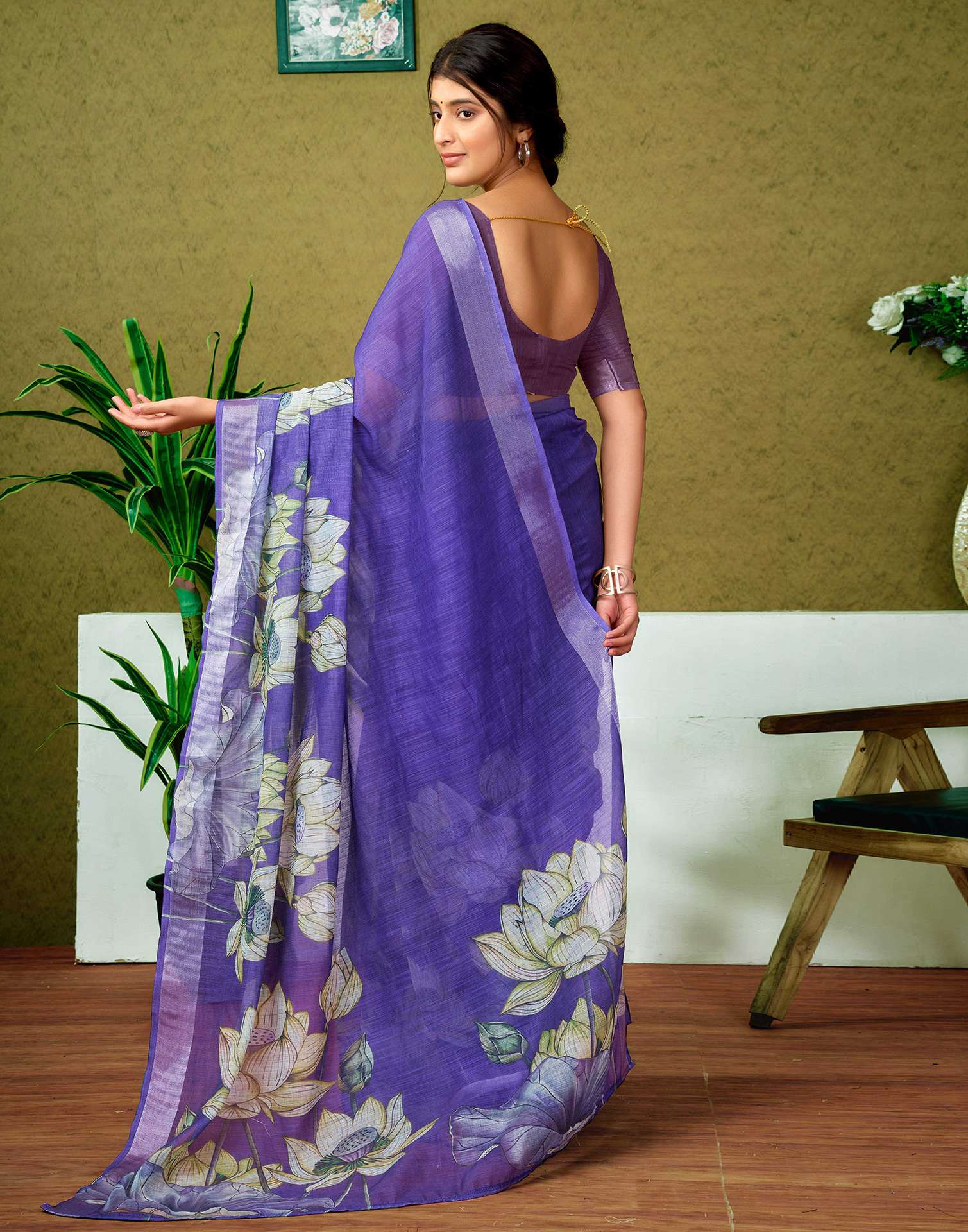 Ready To Wear Purple Linen Floral Printed Saree - Image 8