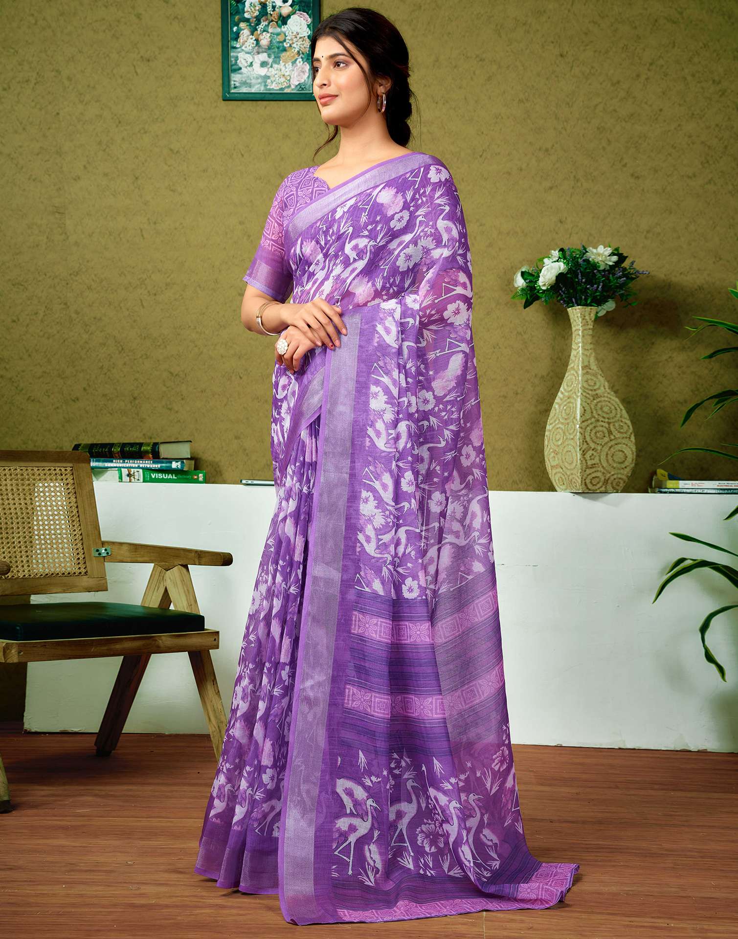Ready To Wear Purple Printed Linen Saree - Image 5