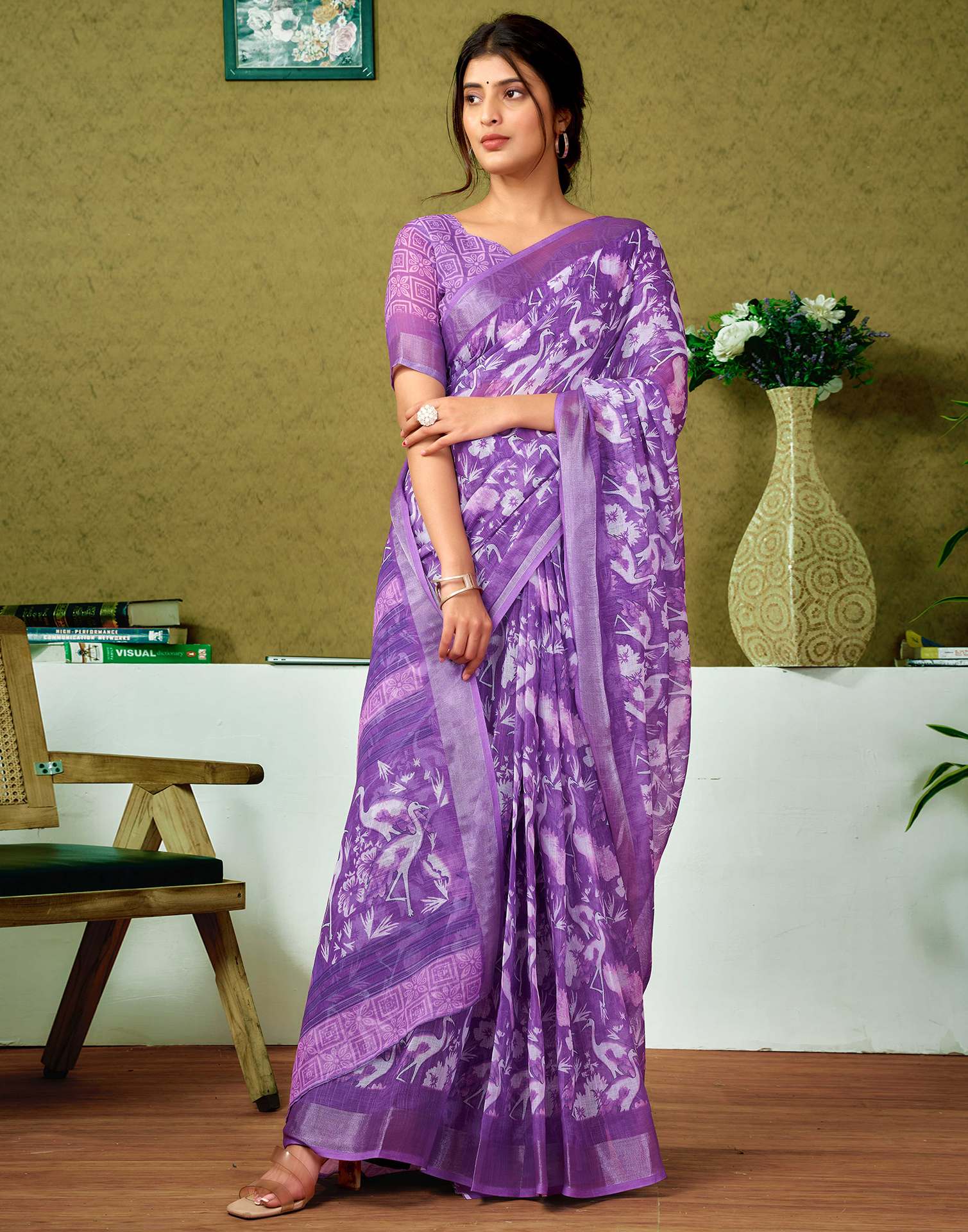 Ready To Wear Purple Printed Linen Saree - Image 6