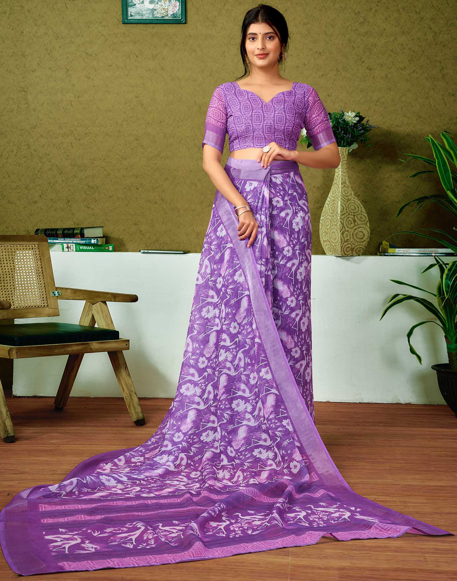 Ready To Wear Purple Printed Linen Saree - Image 7