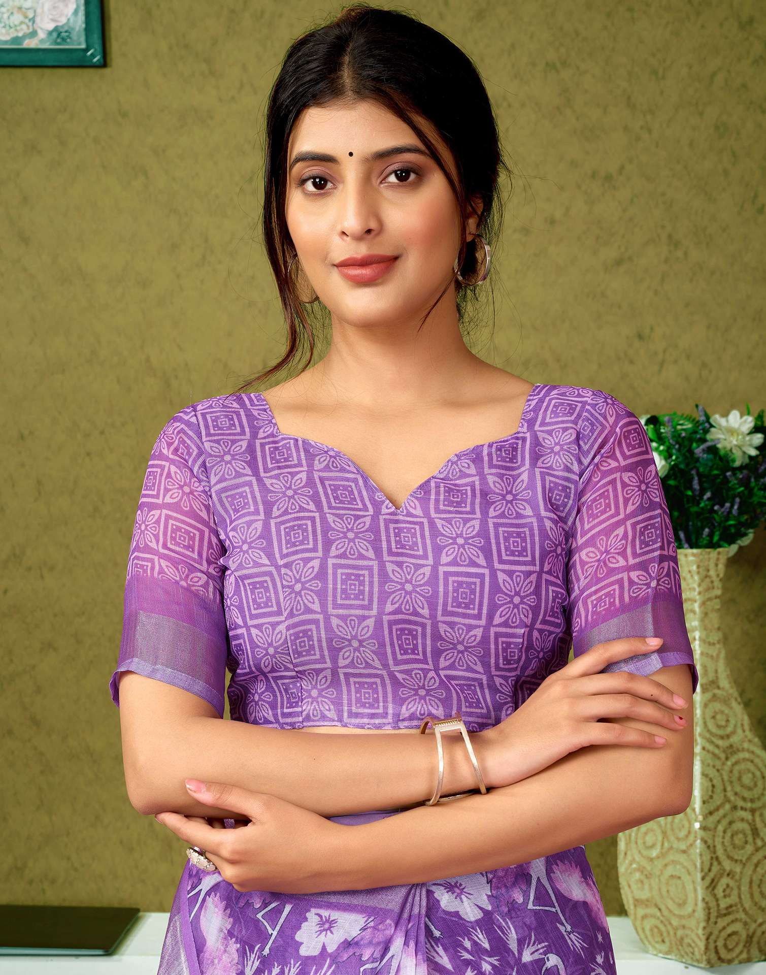 Ready To Wear Purple Printed Linen Saree - Image 9