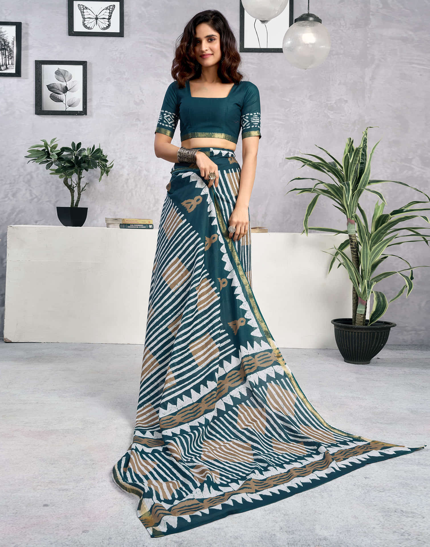 Ready To Wear Rama Blue Cotton Printed Saree - Image 5