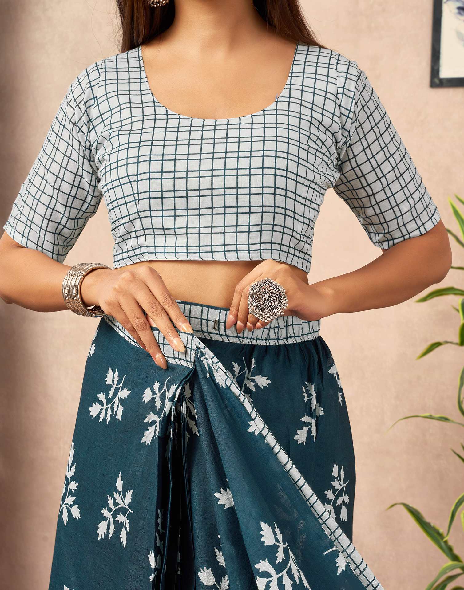 Ready To Wear Rama Blue Cotton Printed Saree - Image 2