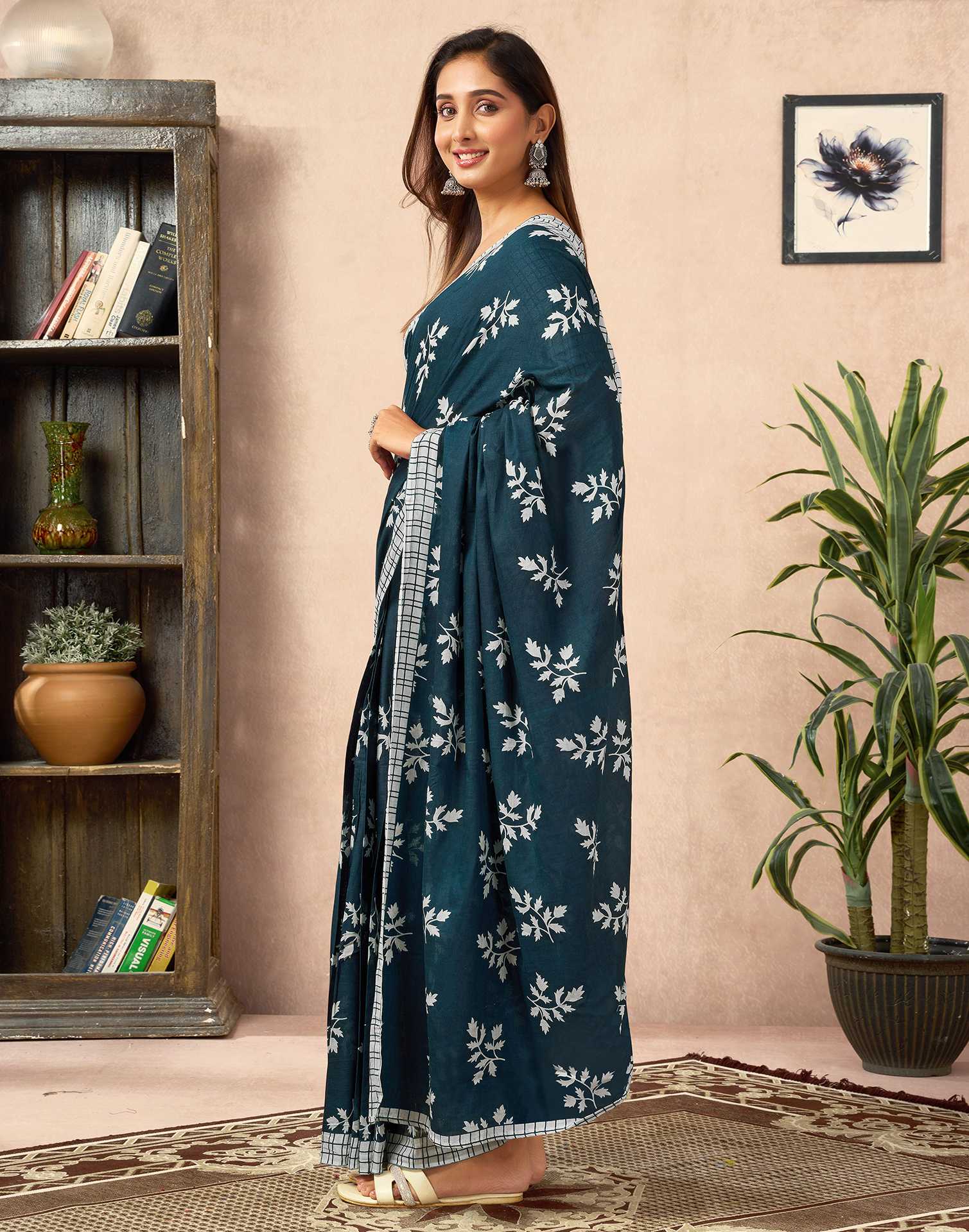 Ready To Wear Rama Blue Cotton Printed Saree - Image 5