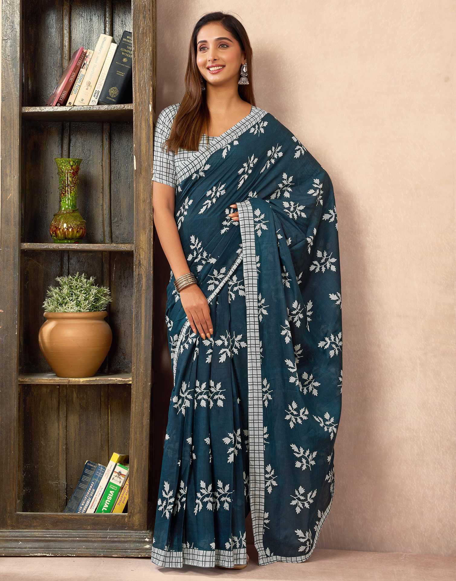Ready To Wear Rama Blue Cotton Printed Saree - Image 6