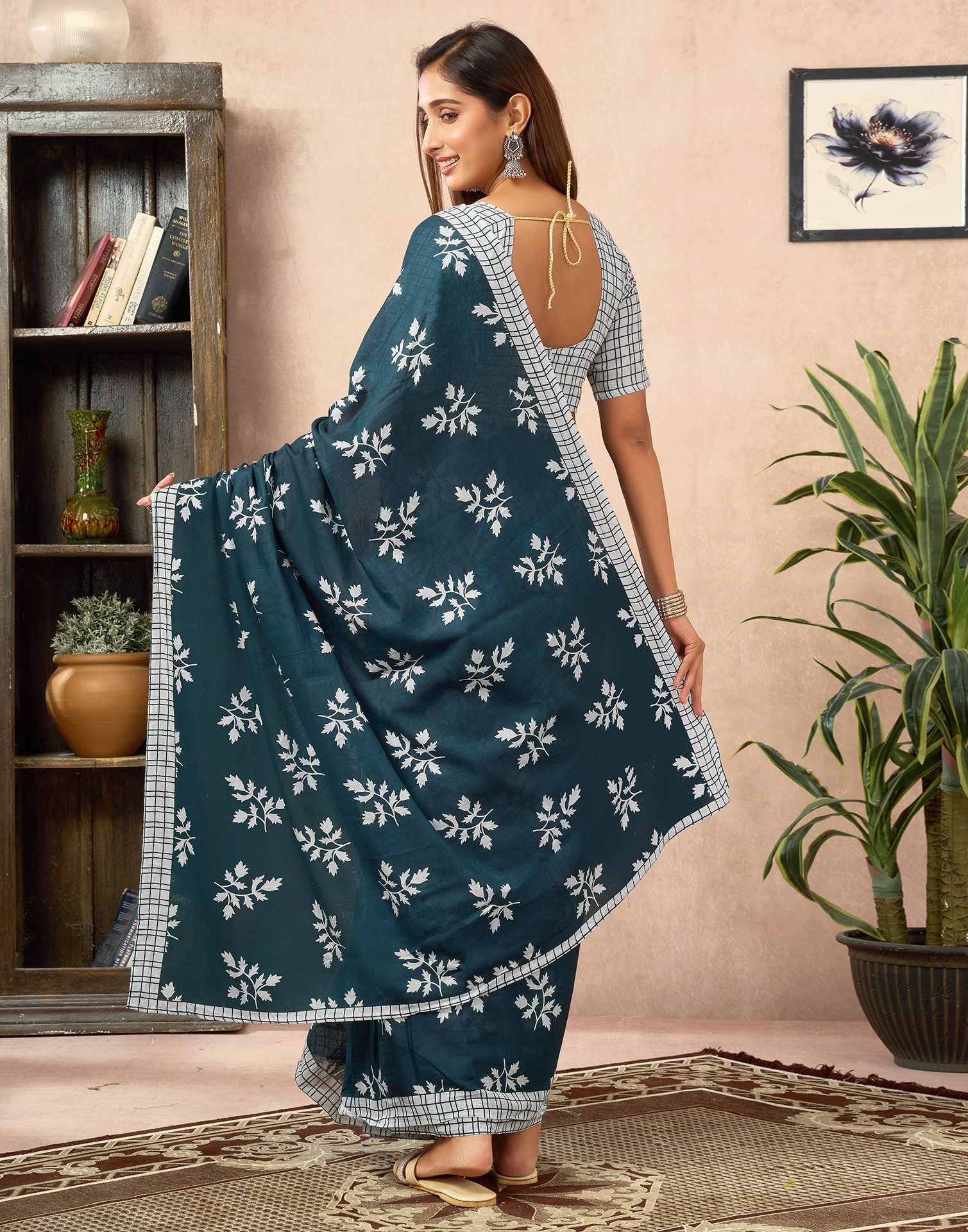 Ready To Wear Rama Blue Cotton Printed Saree - Image 7