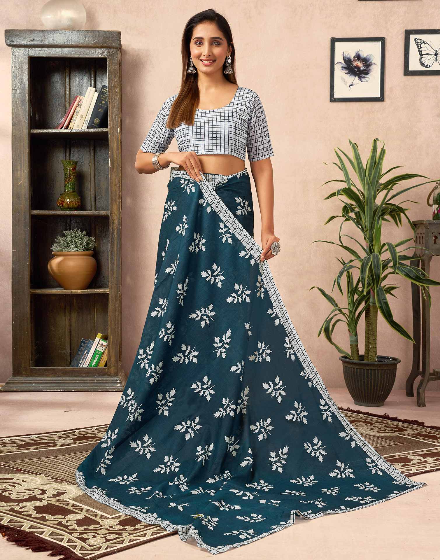 Ready To Wear Rama Blue Cotton Printed Saree - Image 8