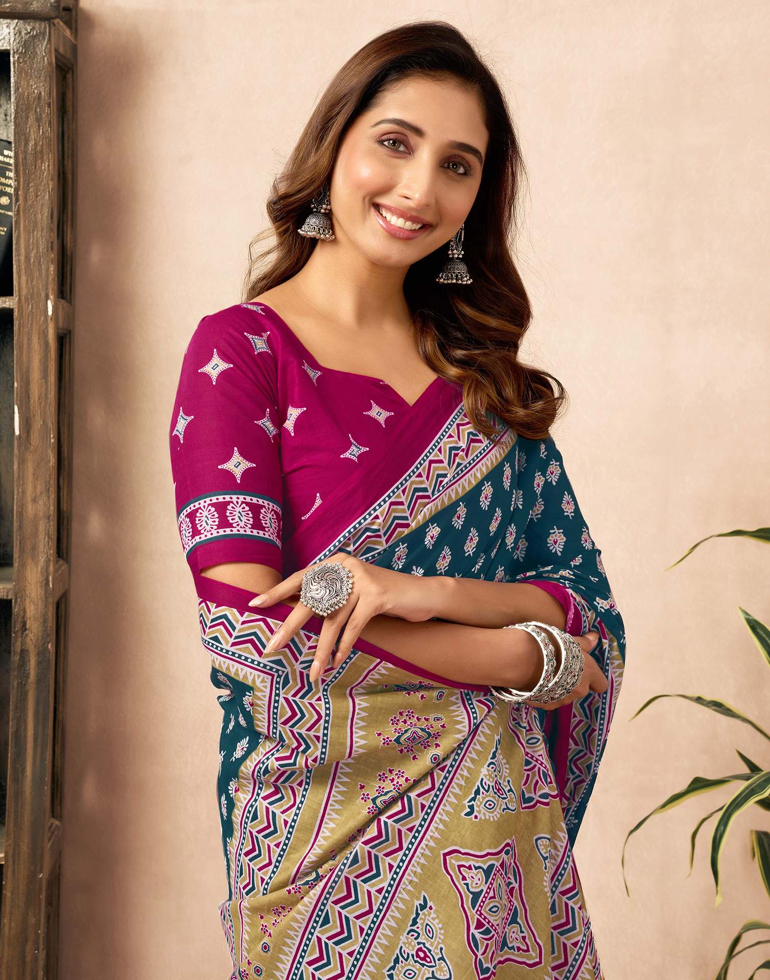Ready To Wear Rama Blue Cotton Printed Saree - Image 2