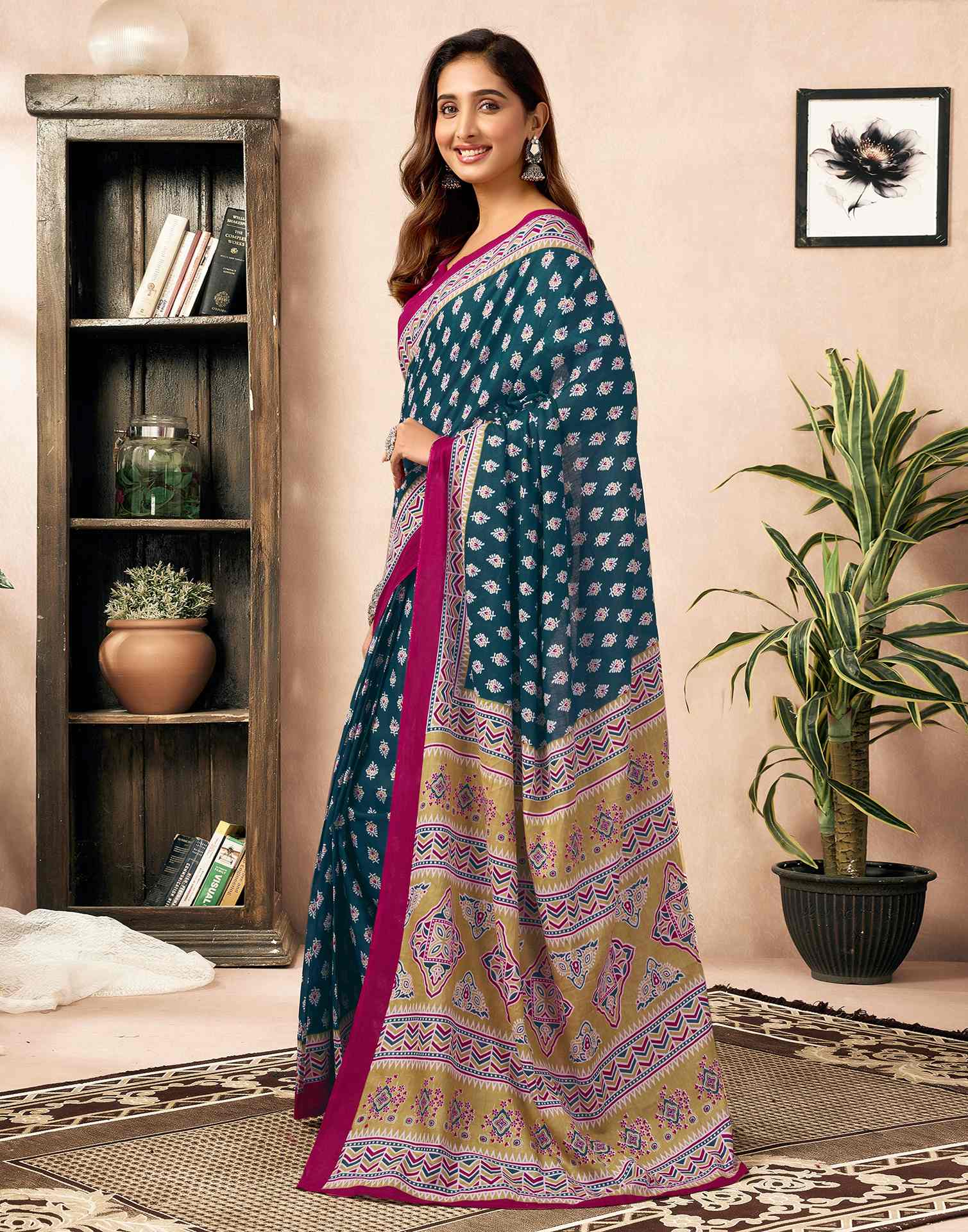 Ready To Wear Rama Blue Cotton Printed Saree - Image 5