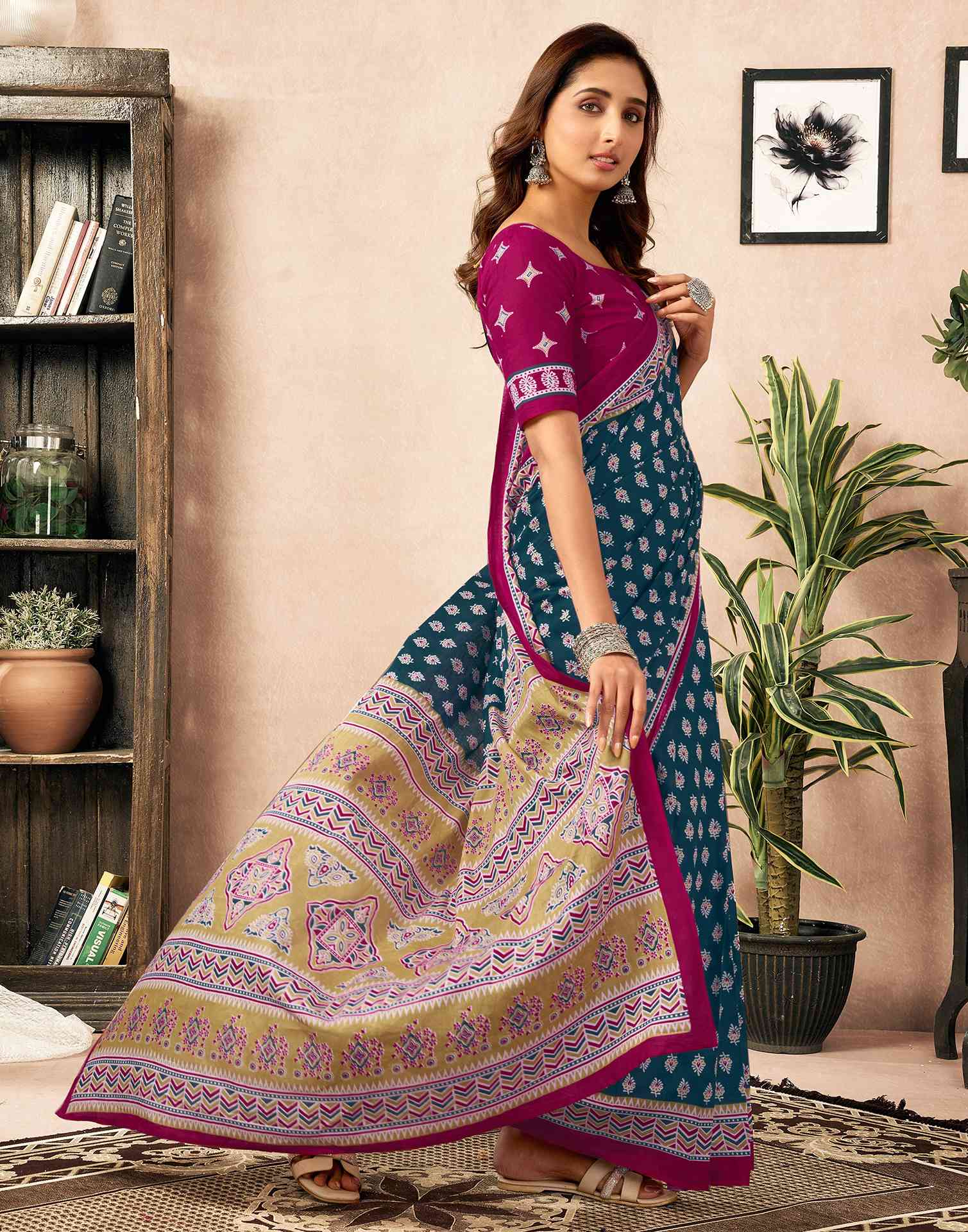 Ready To Wear Rama Blue Cotton Printed Saree - Image 6