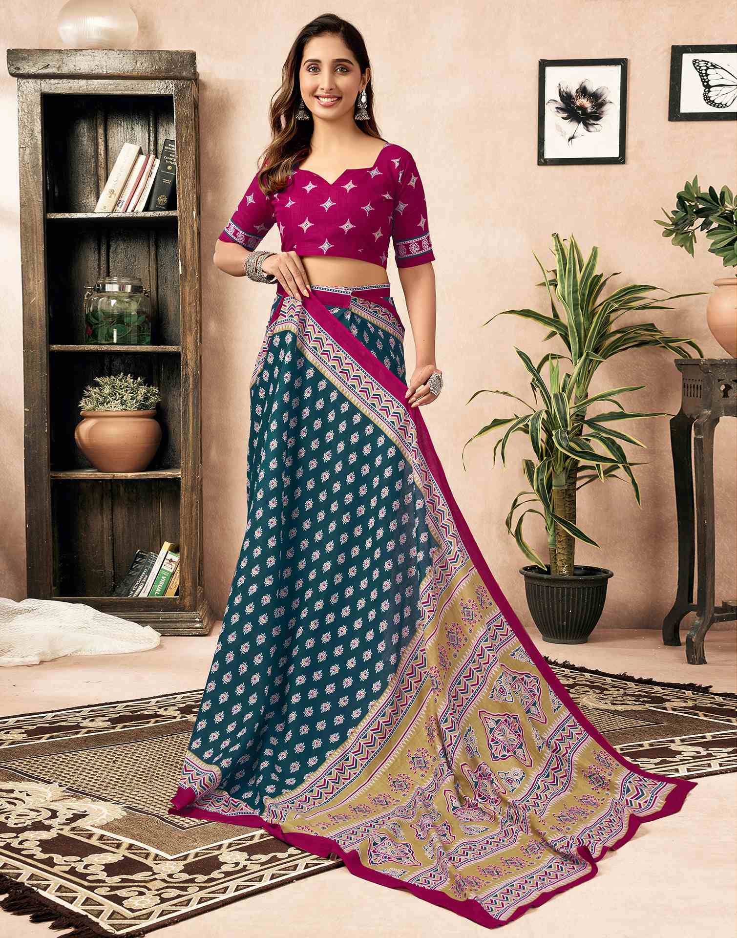 Ready To Wear Rama Blue Cotton Printed Saree - Image 8