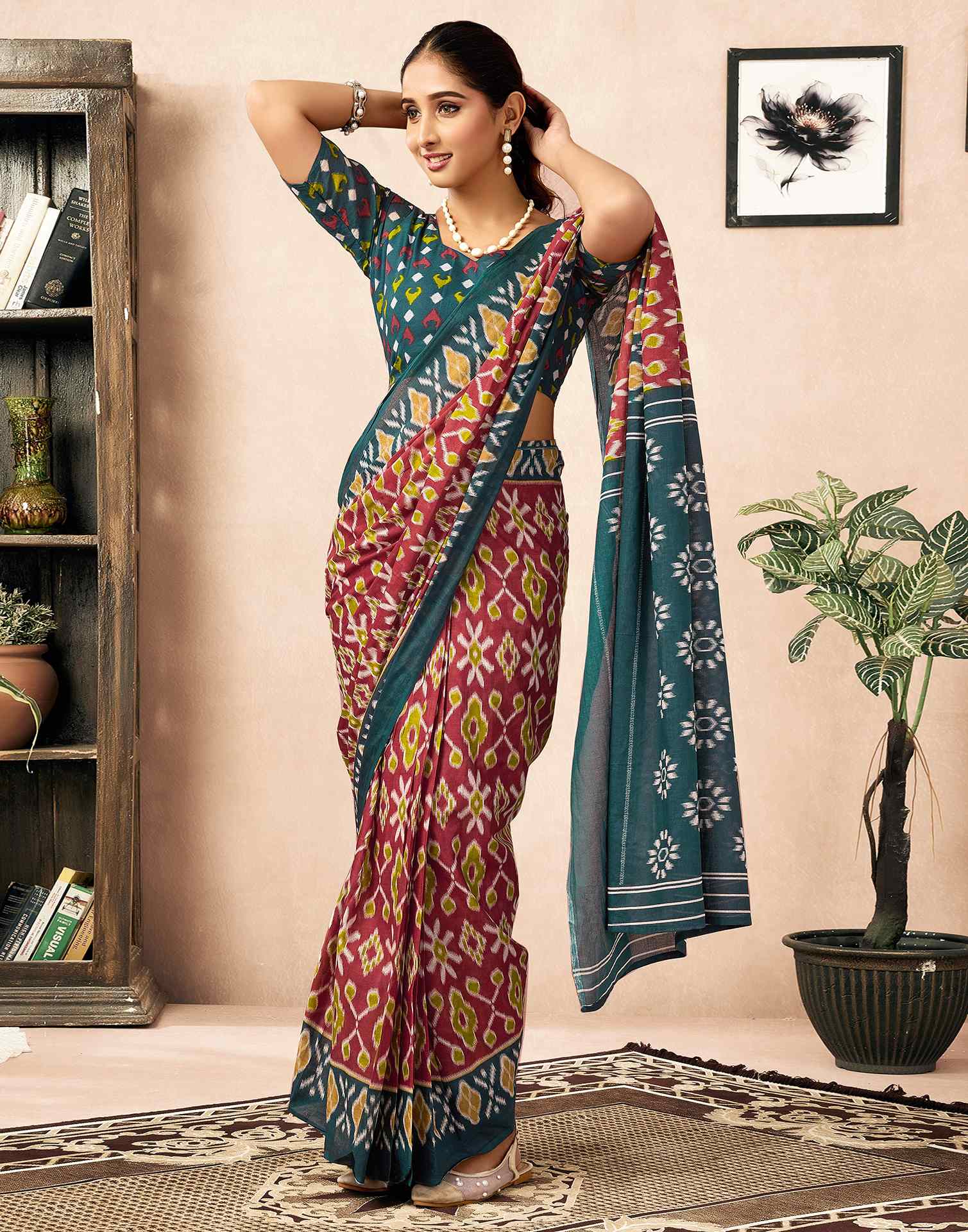 Ready To Wear Red Cotton Ikkat Printed Saree - Image 5