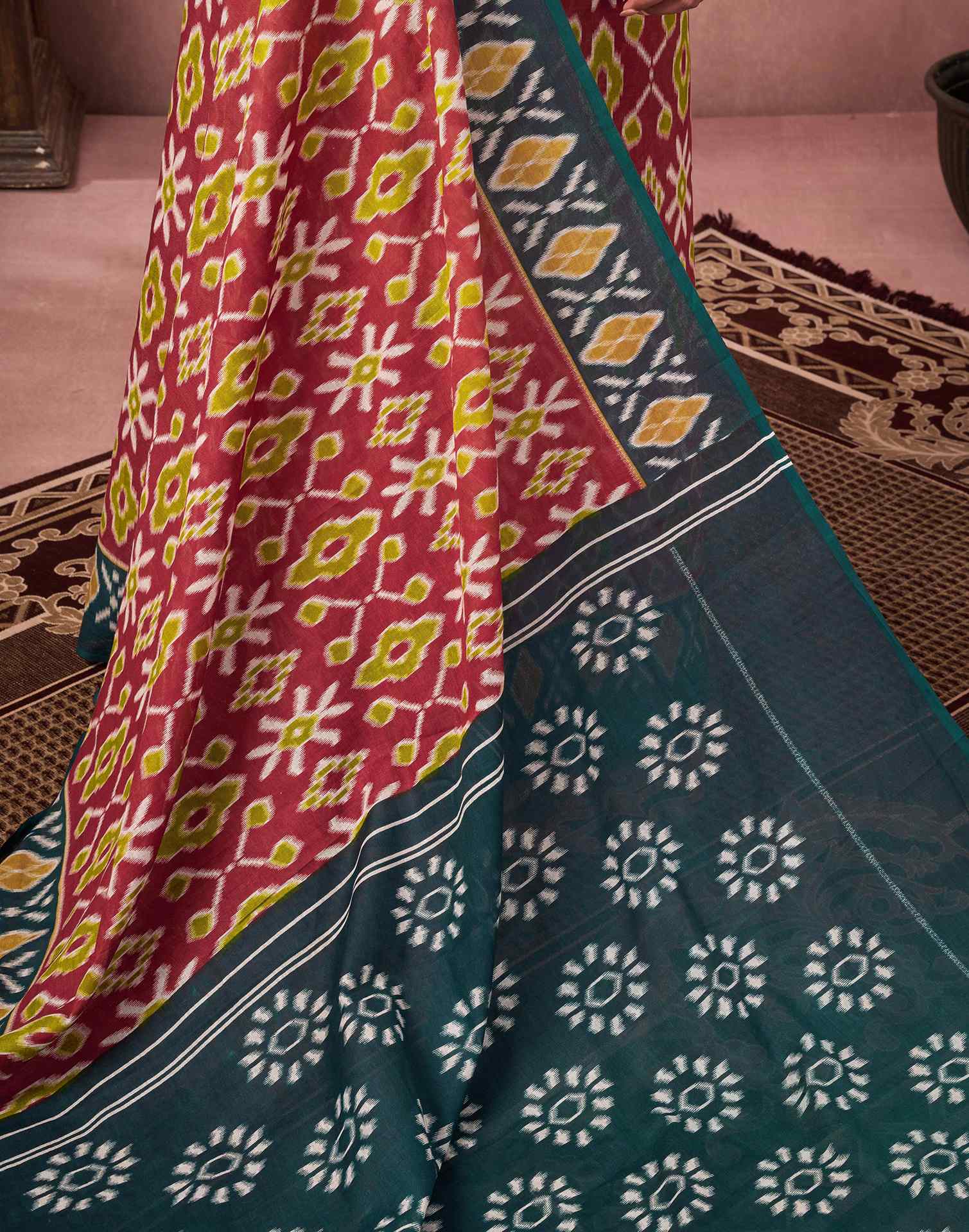 Ready To Wear Red Cotton Ikkat Printed Saree - Image 8