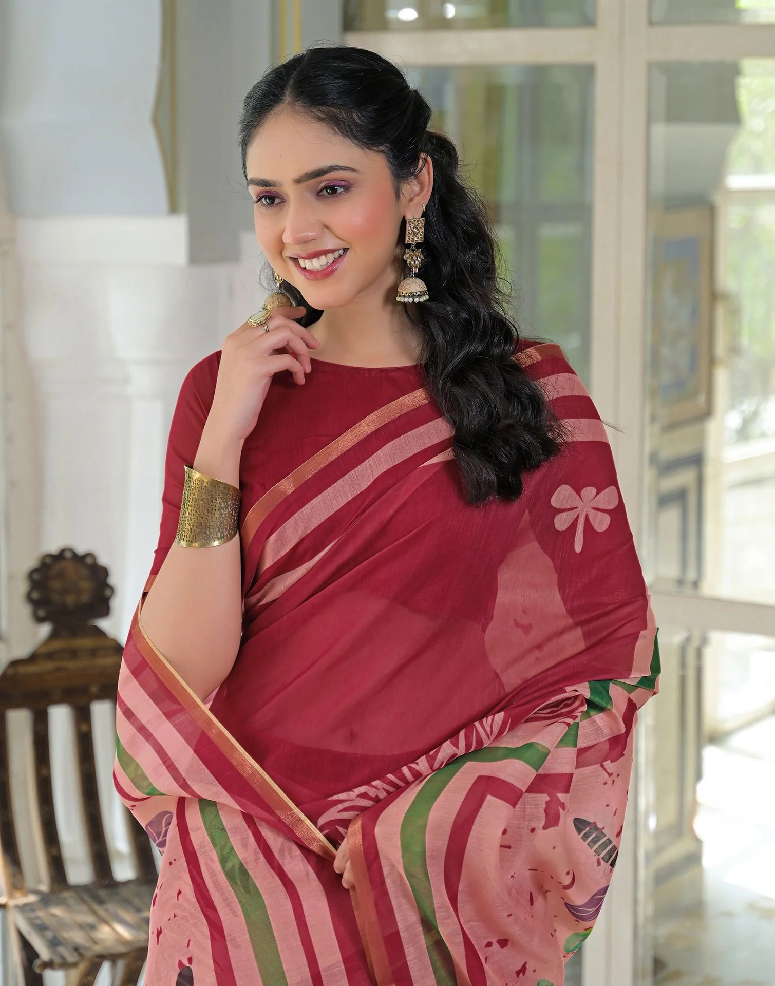 Ready To Wear Red Cotton Linen Printed Saree - Image 2