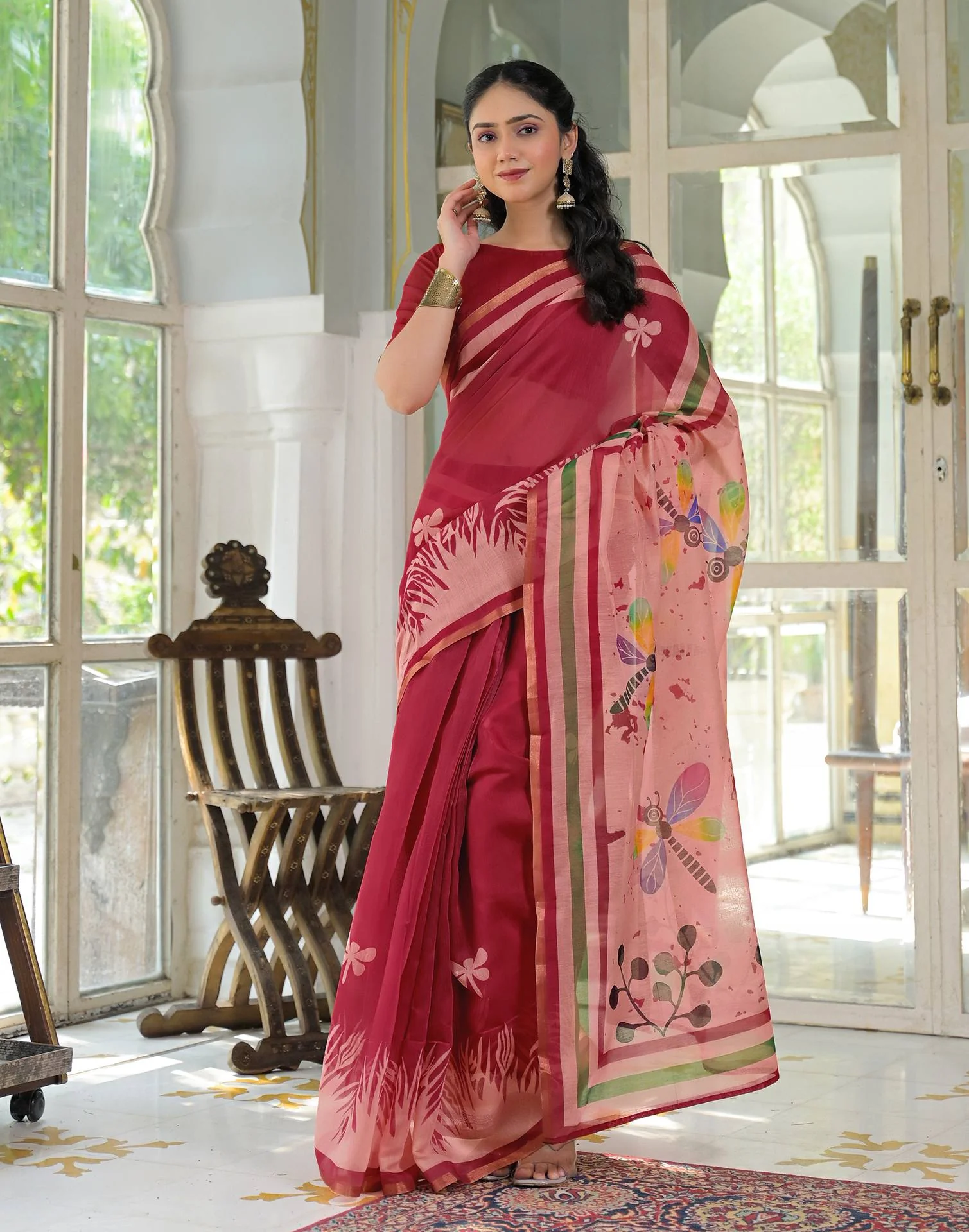 Ready To Wear Red Cotton Linen Printed Saree - Image 4