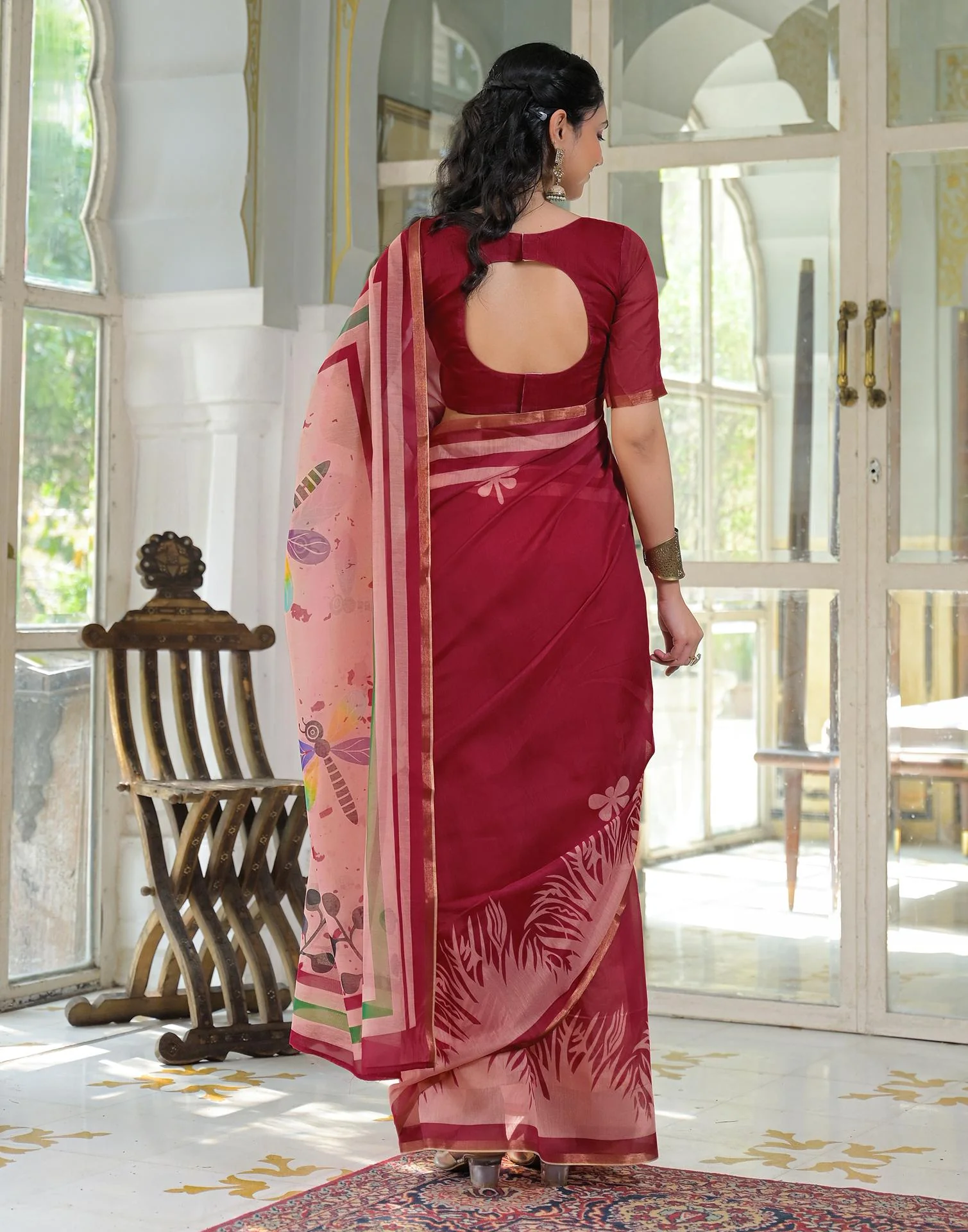 Ready To Wear Red Cotton Linen Printed Saree - Image 7