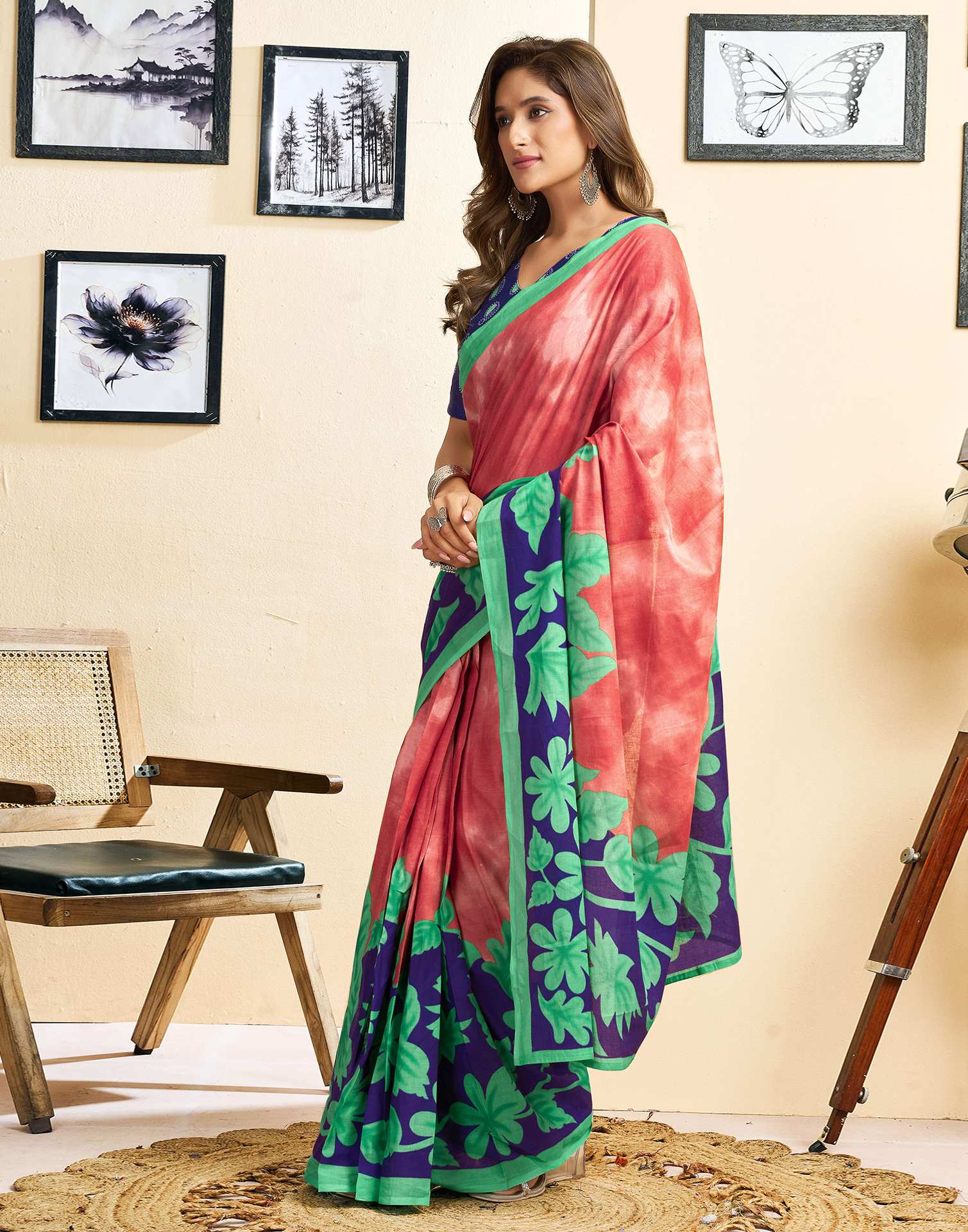 Ready To Wear Red Cotton Printed Saree With Pocket - Image 6